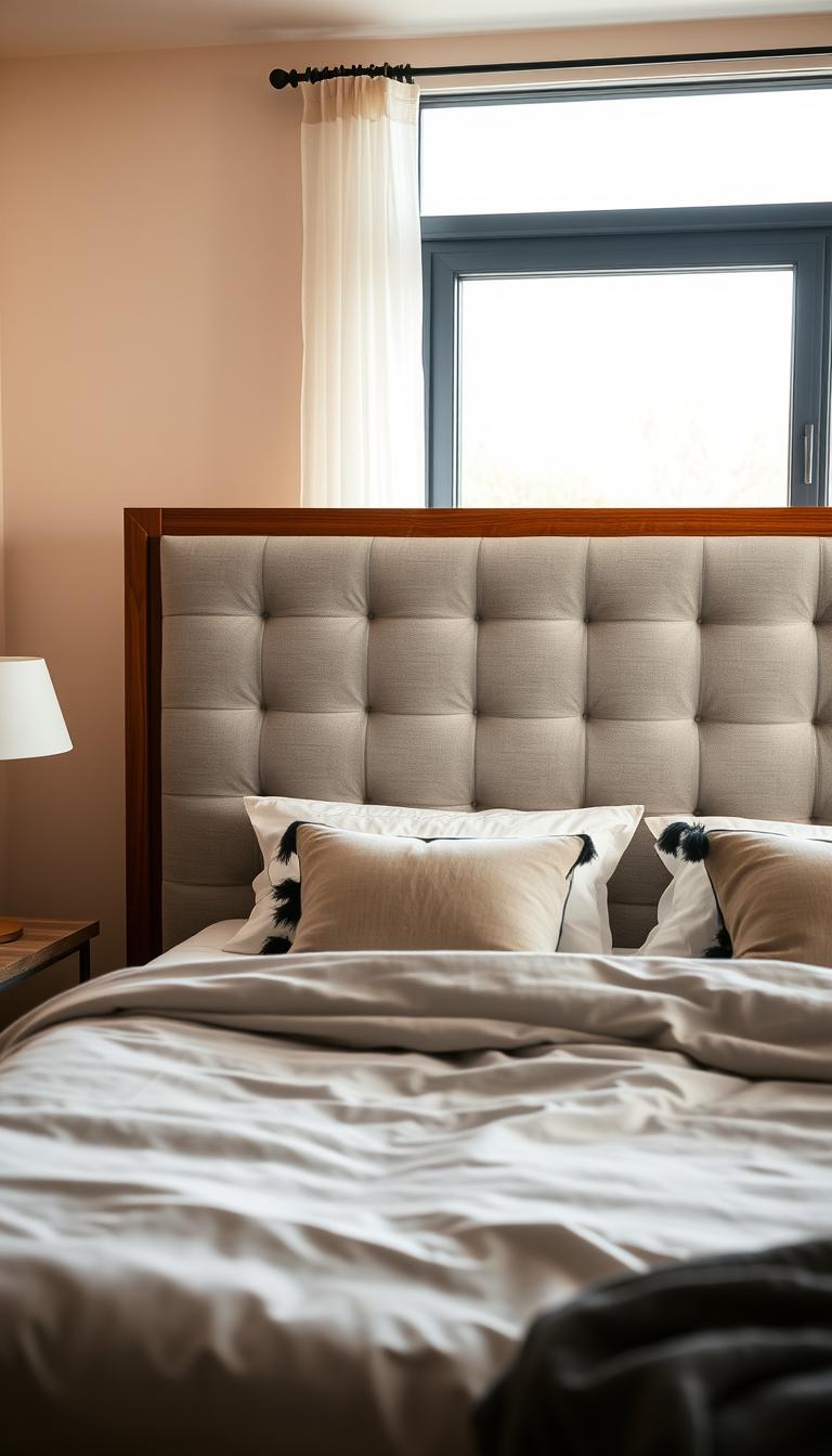 A modern Ikea queen bed frame with an elegant headboard as the focal point, positioned in a cozy, well-lit bedroom. The headboard features a tufted design in light gray fabric, complemented by stylish wooden frame accents. In the foreground, a neatly made bed with accent pillows adds a touch of comfort and inviting atmosphere. The middle ground showcases a simple yet fashionable bedside table with a minimalistic lamp and a small potted plant, while the background reveals soft pastel-colored walls and a large window allowing natural light to filter in. The image captures a serene, contemporary vibe with a focus on the craftsmanship of the Ikea bed frame, emphasizing its style and usability. Use soft, warm lighting to enhance the inviting mood, shot from a slightly elevated angle to showcase the headboard and overall bedroom aesthetic.