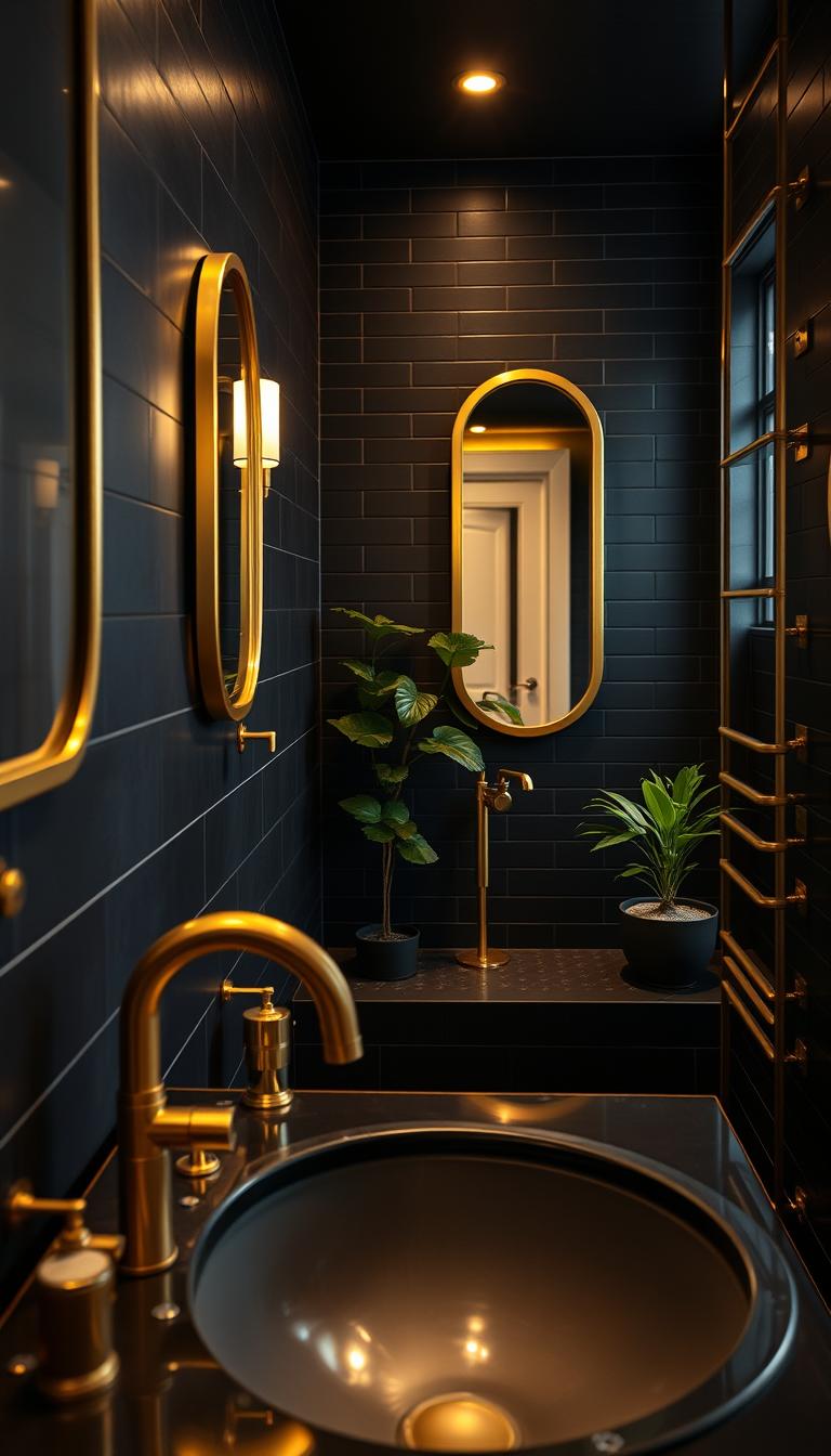 A modern bathroom featuring elegant brass and gold accents against deep black surfaces. The foreground showcases a stylish sink with a golden faucet, framed by a sleek black vanity adorned with brass fittings. In the middle, luxurious brass handles and gold-rimmed mirrors reflect soft ambient lighting, casting a warm glow throughout the space. The matte black tiles on the walls and floor provide a striking contrast, enhancing the richness of the metallic elements. In the background, potted greenery adds a touch of freshness and warmth. The overall atmosphere is sophisticated and inviting, with warm, soft lighting creating a serene mood. The image should be captured at eye level with a wide-angle lens to fully encompass the bathroom’s elegance in high definition, ensuring no text or overlays are present. A modern bathroom featuring elegant brass and gold accents against deep black surfaces. The foreground showcases a stylish sink with a golden faucet, framed by a sleek black vanity adorned with brass fittings. In the middle, luxurious brass handles and gold-rimmed mirrors reflect soft ambient lighting, casting a warm glow throughout the space. The matte black tiles on the walls and floor provide a striking contrast, enhancing the richness of the metallic elements. In the background, potted greenery adds a touch of freshness and warmth. The overall atmosphere is sophisticated and inviting, with warm, soft lighting creating a serene mood. The image should be captured at eye level with a wide-angle lens to fully encompass the bathroom’s elegance in high definition, ensuring no text or overlays are present.