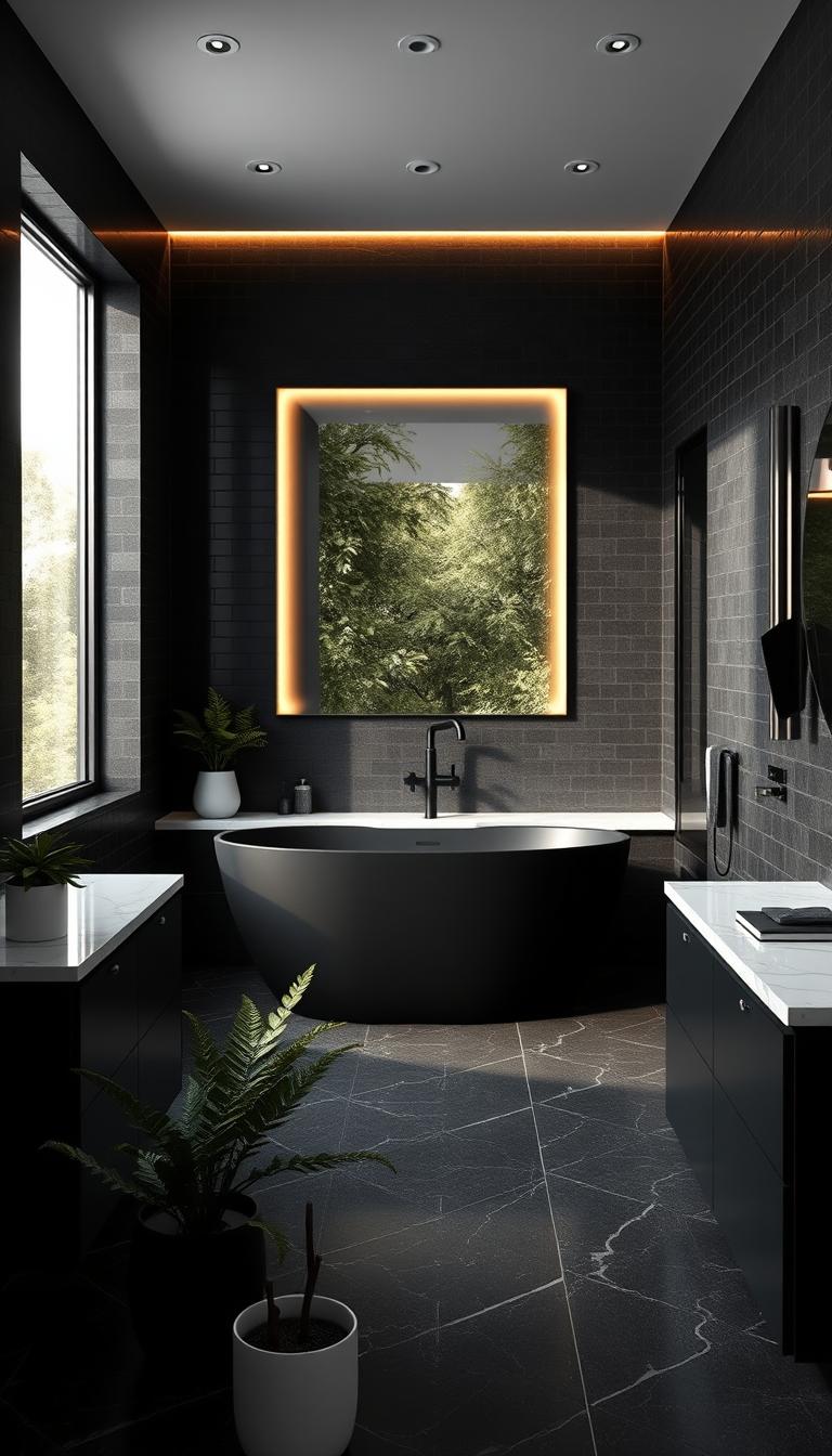 A modern black bathroom design featuring a sleek, matte black freestanding bathtub as the centerpiece, surrounded by minimalist black cabinetry and elegant marble countertops. The walls are adorned with stylish black tiles that add texture, while a large backlit mirror reflects soft, warm lighting, creating an inviting atmosphere. In the foreground, decorative plants in white pots offer a contrast to the dark elements, enhancing the aesthetic. The middle ground includes chic fixtures, such as a contemporary black faucet and a chic showerhead. The background highlights a large window allowing natural light to filter in, casting gentle shadows. The overall mood is luxurious and sophisticated, capturing the essence of modern design in a high-definition, photorealistic image. Perfectly arranged, this image serves as an inspiration for innovative black bathroom ideas. A modern black bathroom design featuring a sleek, matte black freestanding bathtub as the centerpiece, surrounded by minimalist black cabinetry and elegant marble countertops. The walls are adorned with stylish black tiles that add texture, while a large backlit mirror reflects soft, warm lighting, creating an inviting atmosphere. In the foreground, decorative plants in white pots offer a contrast to the dark elements, enhancing the aesthetic. The middle ground includes chic fixtures, such as a contemporary black faucet and a chic showerhead. The background highlights a large window allowing natural light to filter in, casting gentle shadows. The overall mood is luxurious and sophisticated, capturing the essence of modern design in a high-definition, photorealistic image. Perfectly arranged, this image serves as an inspiration for innovative black bathroom ideas.