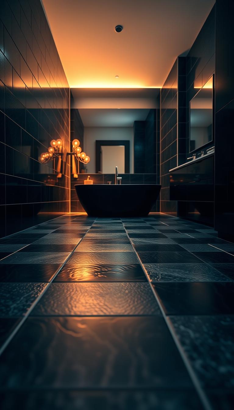 A modern black bathroom featuring sleek tile patterns on walls and floor, arranged in a geometric style with glossy finishes reflecting soft ambient light. The foreground showcases a close-up view of textured tiles, emphasizing intricate details and varying shades of black and gray. In the middle, an elegant freestanding bathtub occupies the scene, surrounded by subtle shadows, enhancing the luxurious atmosphere. The background includes stylish black cabinetry and a minimalist mirror, highlighting the clean lines of contemporary design. The overall lighting is warm and inviting, casting gentle reflections across the surfaces, creating a calm and sophisticated ambiance. The scene captures a sense of tranquility and modern elegance, perfect for a contemporary bathroom setting. A modern black bathroom featuring sleek tile patterns on walls and floor, arranged in a geometric style with glossy finishes reflecting soft ambient light. The foreground showcases a close-up view of textured tiles, emphasizing intricate details and varying shades of black and gray. In the middle, an elegant freestanding bathtub occupies the scene, surrounded by subtle shadows, enhancing the luxurious atmosphere. The background includes stylish black cabinetry and a minimalist mirror, highlighting the clean lines of contemporary design. The overall lighting is warm and inviting, casting gentle reflections across the surfaces, creating a calm and sophisticated ambiance. The scene captures a sense of tranquility and modern elegance, perfect for a contemporary bathroom setting.