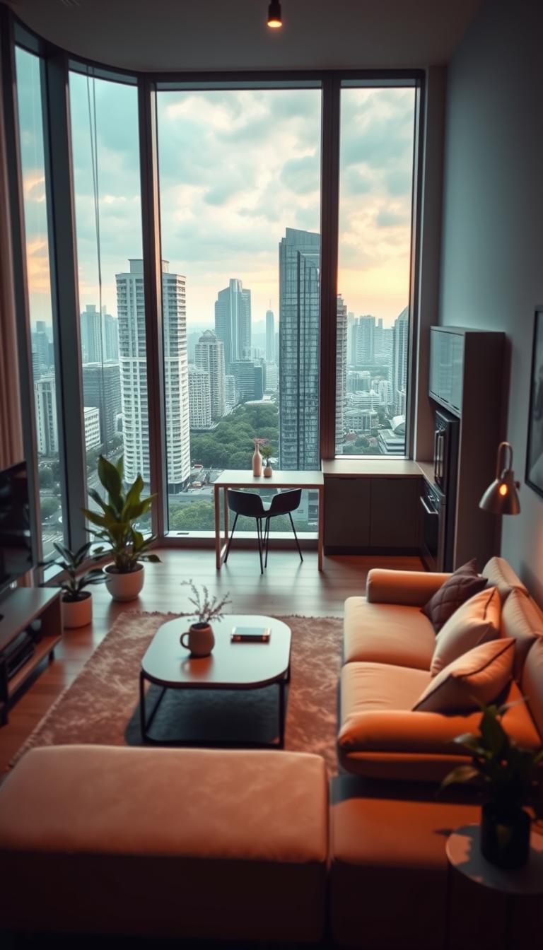 A modern compact city home, showcasing efficient use of space. In the foreground, a cozy living area with a minimalist sofa and a stylish coffee table, accented by indoor plants. The middle ground features a compact, functional kitchen with sleek cabinetry, a small dining table, and contemporary appliances. In the background, large windows invite natural light, offering a view of a vibrant urban landscape filled with skyscrapers and greenery. The scene is illuminated by warm, soft lighting, creating an inviting atmosphere. The angle captures the essence of urban living, emphasizing smart design and style. A photorealistic image in high definition, evoking a sense of harmony between comfort and efficiency. A modern compact city home, showcasing efficient use of space. In the foreground, a cozy living area with a minimalist sofa and a stylish coffee table, accented by indoor plants. The middle ground features a compact, functional kitchen with sleek cabinetry, a small dining table, and contemporary appliances. In the background, large windows invite natural light, offering a view of a vibrant urban landscape filled with skyscrapers and greenery. The scene is illuminated by warm, soft lighting, creating an inviting atmosphere. The angle captures the essence of urban living, emphasizing smart design and style. A photorealistic image in high definition, evoking a sense of harmony between comfort and efficiency.