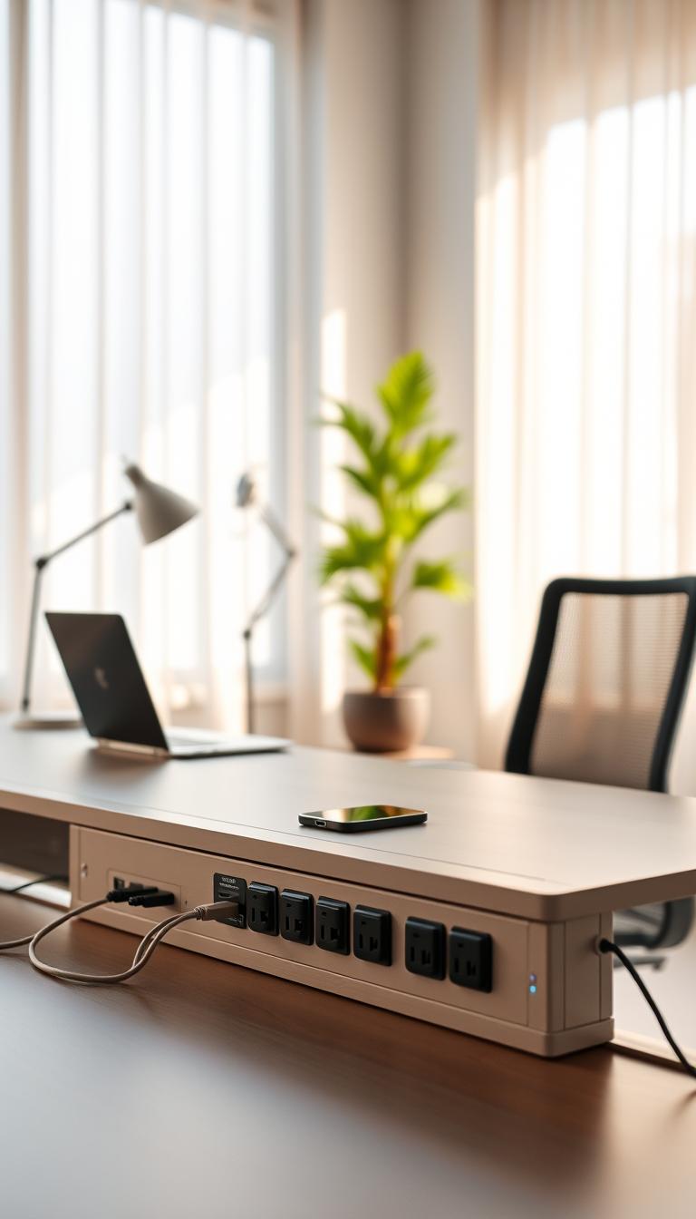A modern double desk workspace featuring an innovative power management system. In the foreground, focus on a sleek, minimalist desk with integrated power outlets, charging ports, and cable management features. The surface is adorned with a laptop, a wireless charging pad, and a stylish desk lamp. In the middle ground, showcase a comfortable ergonomic chair and a potted plant for a splash of green, symbolizing a balanced work environment. The background features soft, diffused natural light streaming through a large window, illuminating the space and creating a calming atmosphere. Use a shallow depth of field to emphasize the desk and its features, with a warm color palette to evoke productivity and efficiency. Ensure the scene feels organized and professional.