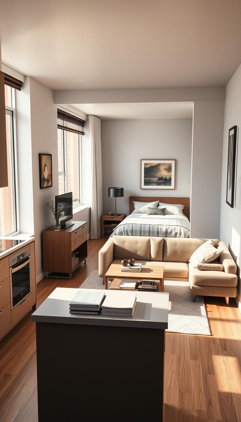 A modern efficiency apartment interior, showcasing a cleverly designed living space. In the foreground, a compact but stylish kitchen featuring sleek cabinetry and stainless-steel appliances, with a small dining table for two. The middle ground displays a cozy living area with a comfortable sofa, soft throw pillows, and a coffee table adorned with books. In the background, a cleverly partitioned sleeping area with a neatly-made bed and decorative wall art creating a warm atmosphere. The space is illuminated by soft, natural light streaming through large windows, highlighting the apartment's open layout. The overall mood is inviting and functional, capturing the essence of maximizing both space and style in a photorealistic high-definition depiction. A modern efficiency apartment interior, showcasing a cleverly designed living space. In the foreground, a compact but stylish kitchen featuring sleek cabinetry and stainless-steel appliances, with a small dining table for two. The middle ground displays a cozy living area with a comfortable sofa, soft throw pillows, and a coffee table adorned with books. In the background, a cleverly partitioned sleeping area with a neatly-made bed and decorative wall art creating a warm atmosphere. The space is illuminated by soft, natural light streaming through large windows, highlighting the apartment's open layout. The overall mood is inviting and functional, capturing the essence of maximizing both space and style in a photorealistic high-definition depiction.
