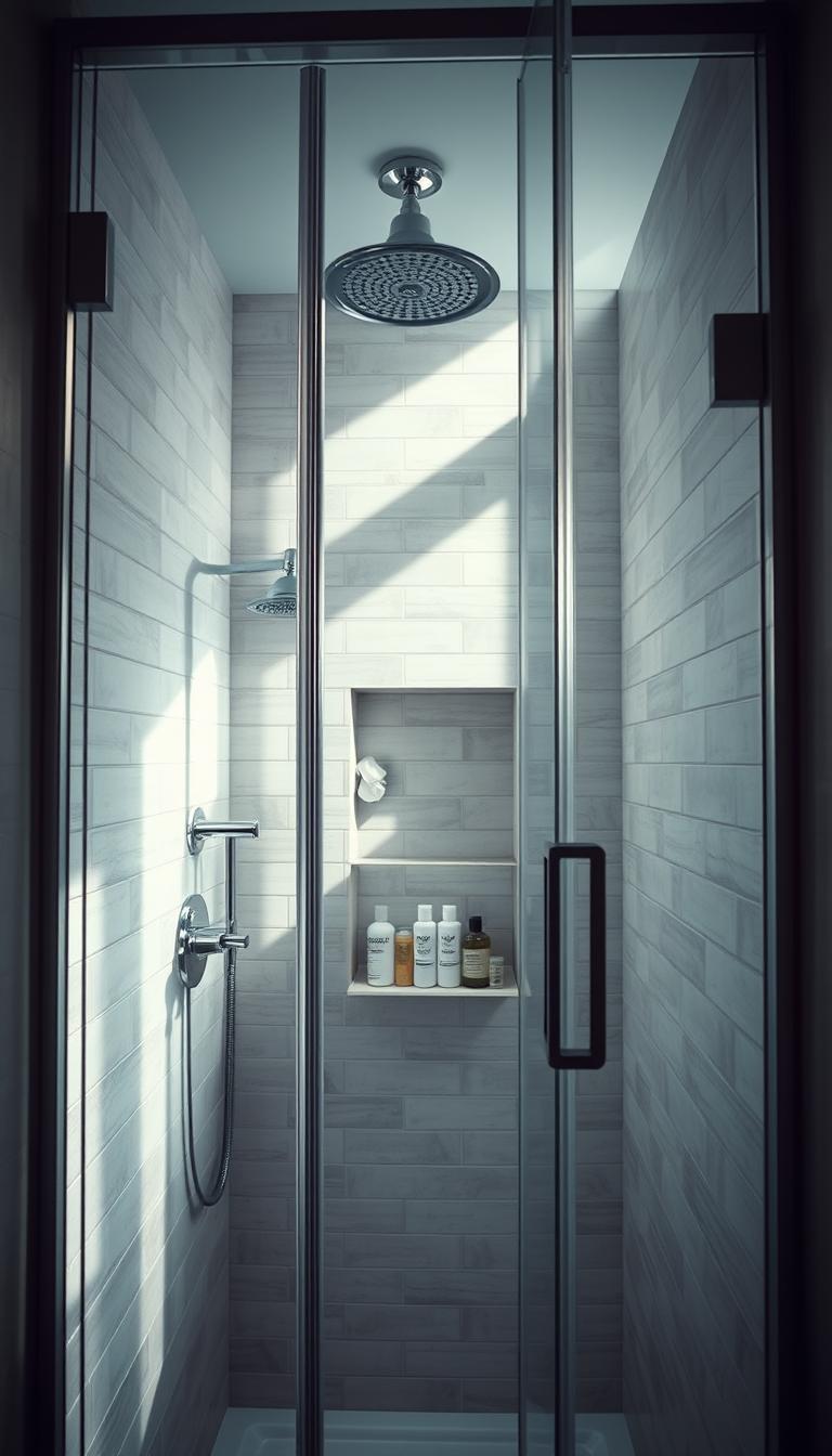 A modern glass shower in a tiny bathroom, designed to maximize space and style. The shower features frameless glass panels, allowing natural light to filter through, creating an airy atmosphere. In the foreground, a sleek chrome showerhead is mounted on a tiled wall, showcasing contemporary fixtures. The middle ground highlights a small but functional shelving unit with neatly arranged toiletries, adding a touch of organization. In the background, soft diffused lighting casts gentle shadows, emphasizing the textures of the tiles and the clean lines of the space. The overall mood is tranquil and refreshing, inviting a sense of calm within a compact environment. The image should be photorealistic, capturing every detail in high definition with a slight perspective angle to showcase the depth of the space.