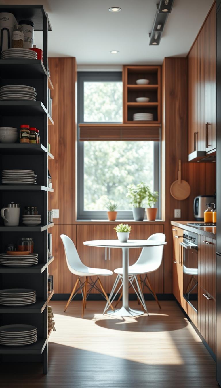 A modern kitchen storage solution designed for small apartments, showcasing an efficient layout. In the foreground, a sleek, multi-tiered shelving unit displays neatly organized dishes, jars of spices, and colorful kitchen utensils. The middle ground features a compact dining area with a stylish round table and two contemporary chairs set against a backdrop of rich wooden cabinetry, reflecting a warm, inviting atmosphere. The background highlights a well-organized countertop with potted herbs and a minimalist appliance setup. Soft, natural lighting filters in from a window, creating pleasing shadows and highlights. Capture the mood of seamless functionality blended with contemporary style, emphasizing smart storage solutions that maximize space. Use a high-definition, photorealistic approach with a slightly elevated angle to enhance depth.