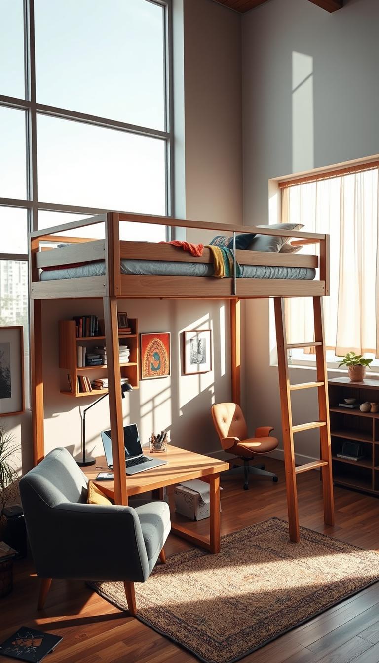 A modern loft bed designed with sleek lines, emphasizing a multifunctional space in a stylish studio apartment. In the foreground, the loft bed features a sturdy wooden frame with a cozy mattress and colorful bedding, creating a comfortable sleeping nook. Below, there’s a compact desk area with a laptop and books, illustrating its dual purpose. In the middle, a chic living space includes a small lounge chair and a decorative rug, inviting relaxation. The background showcases large windows allowing natural light to flood the room, casting soft, warm shadows. The atmosphere is cozy and inspiring, promoting a sense of open-living creativity. The image is captured with a wide-angle lens to encapsulate the entire layout, highlighting both the loft bed’s practical design and its modern aesthetic in high-definition photorealism.