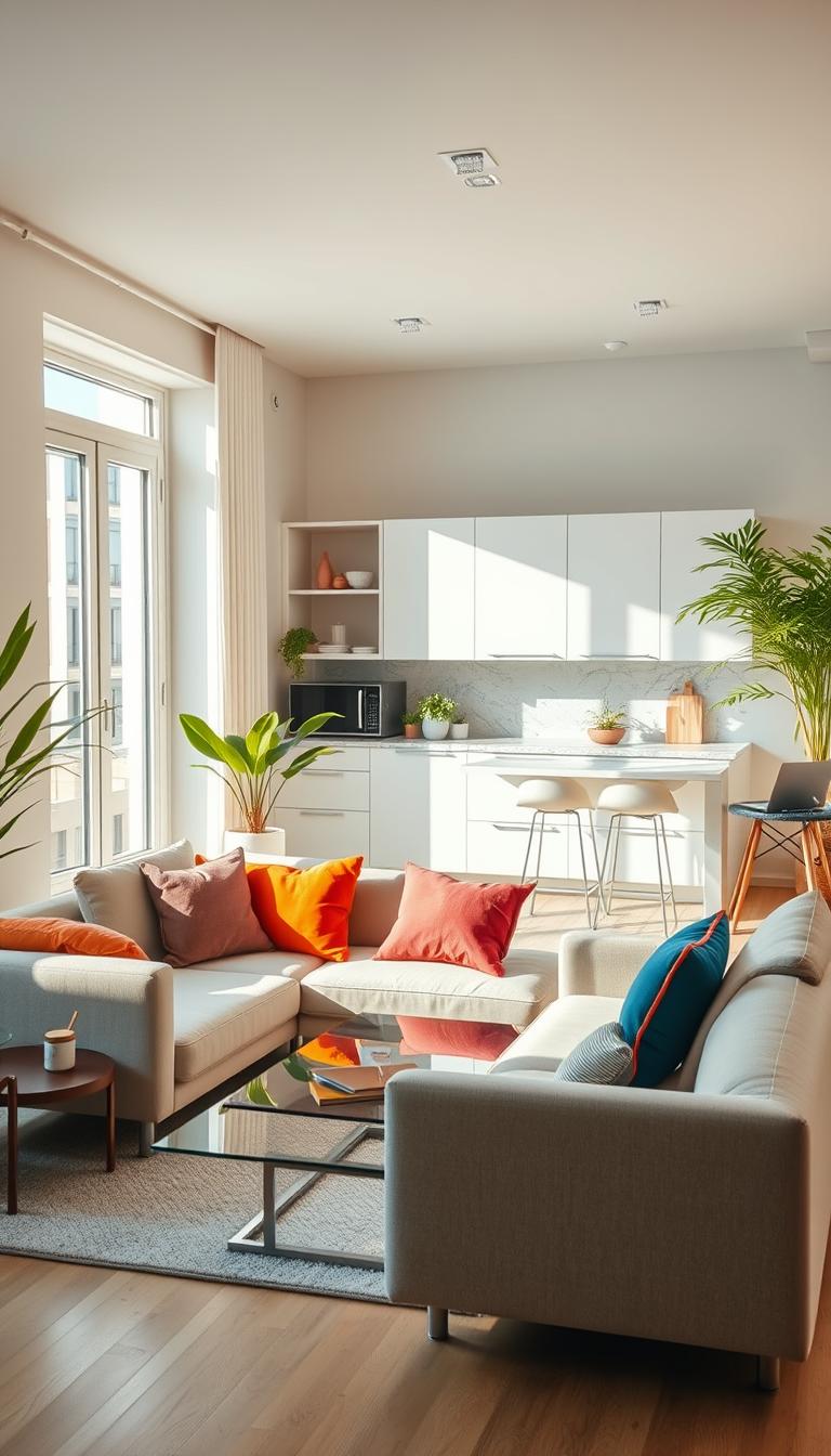 A modern natural light studio apartment, designed with an open layout. The foreground features a stylish, light-colored sofa adorned with vibrant cushions, complemented by a sleek coffee table made of glass. In the middle, there's a minimalistic kitchen area with white cabinets and a marble countertop, illuminated by soft morning light flowing through large windows. The walls are painted in soft pastel colors to enhance the sense of space and brightness. In the background, plants strategically placed near the window add a touch of greenery, while a well-organized workspace showcases a laptop and stationery, promoting a feeling of productivity. The mood is inviting and airy, reflecting a harmonious blend of light and color that makes the apartment feel larger and more open. A modern natural light studio apartment, designed with an open layout. The foreground features a stylish, light-colored sofa adorned with vibrant cushions, complemented by a sleek coffee table made of glass. In the middle, there's a minimalistic kitchen area with white cabinets and a marble countertop, illuminated by soft morning light flowing through large windows. The walls are painted in soft pastel colors to enhance the sense of space and brightness. In the background, plants strategically placed near the window add a touch of greenery, while a well-organized workspace showcases a laptop and stationery, promoting a feeling of productivity. The mood is inviting and airy, reflecting a harmonious blend of light and color that makes the apartment feel larger and more open.