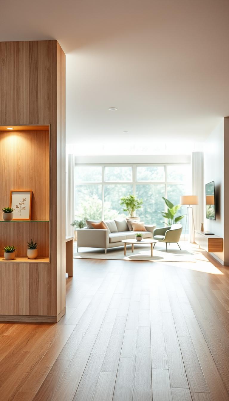 A modern open layout living space featuring a stylish half-height wall as a light-friendly barrier. In the foreground, the half-height wall made of light-colored wood with a sleek finish, showcasing decorative elements like small potted plants and minimalist artwork. In the middle ground, a cozy seating area with a contemporary sofa and a coffee table, complemented by soft, ambient lighting that casts gentle reflections. The background reveals a softly lit room with large windows allowing natural sunlight to flood in, illuminating the entire scene. The overall atmosphere is warm and inviting, emphasizing a seamless blend of functionality and elegance in a contemporary home design. The image is to be captured with a 35mm lens, providing a depth of field that gently blurs the edges for a soft focus effect, enhancing the inviting mood.