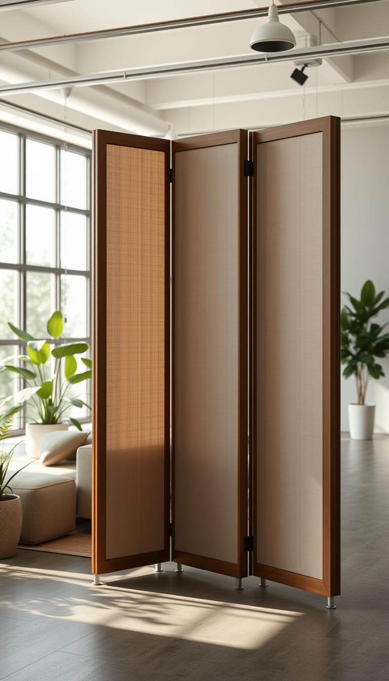 A modern, photorealistic folding screen designed for studio spaces, featuring a sleek, minimalist aesthetic. In the foreground, the screen has a wooden frame with a series of lightweight fabric panels displaying a soft, neutral color palette. The middle ground showcases a spacious open layout studio with vibrant indoor plants and a cozy seating area, emphasizing versatility. In the background, large windows allow natural light to flood the room, casting soft shadows and creating a warm, inviting atmosphere. The angle captures the screen in a slightly tilted view, highlighting its functional elegance and adaptability. The scene conveys a sense of innovation and modern living, perfect for open layouts.