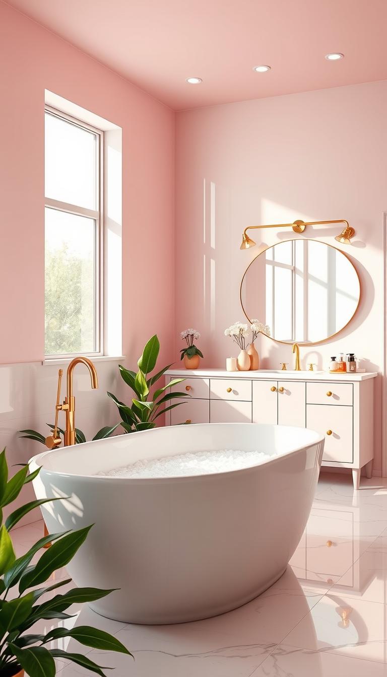 A modern pink bathroom featuring soft pastel pink walls and glossy white tiles, with elegant gold accents and minimalist fixtures. In the foreground, a sleek white freestanding bathtub filled with aromatic bath salts and surrounded by lush green plants for a touch of nature. The middle ground showcases a stylish double vanity with round mirrors, adorned with chic accessories like candles and flowers. The background includes a large window allowing warm, natural light to illuminate the space, creating a serene and inviting atmosphere. Use a high-definition, photorealistic style with bright, airy lighting, capturing the tranquility of this contemporary retreat. The angle should be a wide shot to encompass the full beauty of the bathroom design. A modern pink bathroom featuring soft pastel pink walls and glossy white tiles, with elegant gold accents and minimalist fixtures. In the foreground, a sleek white freestanding bathtub filled with aromatic bath salts and surrounded by lush green plants for a touch of nature. The middle ground showcases a stylish double vanity with round mirrors, adorned with chic accessories like candles and flowers. The background includes a large window allowing warm, natural light to illuminate the space, creating a serene and inviting atmosphere. Use a high-definition, photorealistic style with bright, airy lighting, capturing the tranquility of this contemporary retreat. The angle should be a wide shot to encompass the full beauty of the bathroom design.