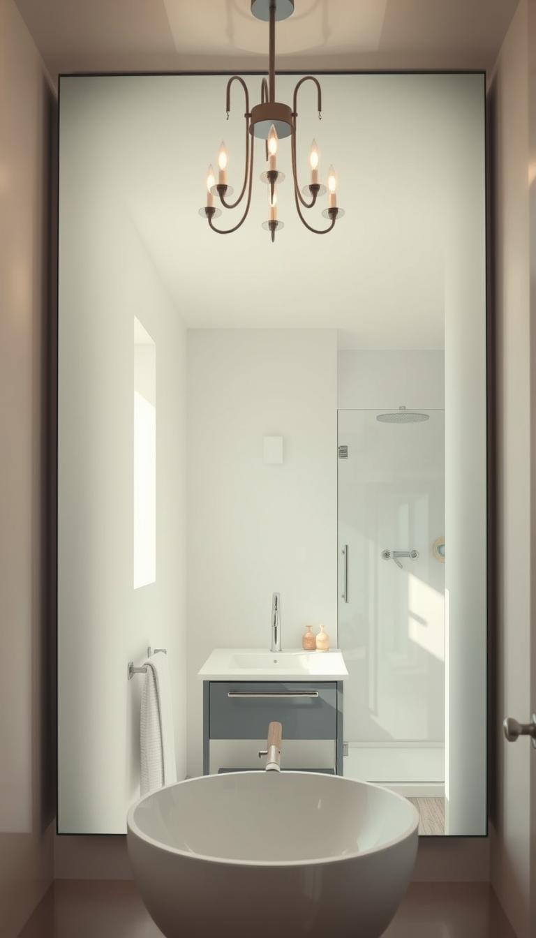 A modern small bathroom featuring a large, elegant frameless mirror that enhances the space's openness. In the foreground, focus on the sophisticated mirror reflecting soft, natural light from a stylish overhead chandelier. The middle ground showcases a compact vanity with sleek lines and minimalistic decor, placed beneath the mirror. The walls are painted in a light pastel color to amplify brightness, adorned with small decorative accents. The background reveals a tastefully arranged shower area with glass doors, maximizing the illusion of space. A subtle, airy atmosphere envelops the scene, with shadows creating depth and highlighting the mirror's reflective qualities. The image should be photorealistic and vibrant, conveying a sense of style and spaciousness in a tiny bathroom setting.