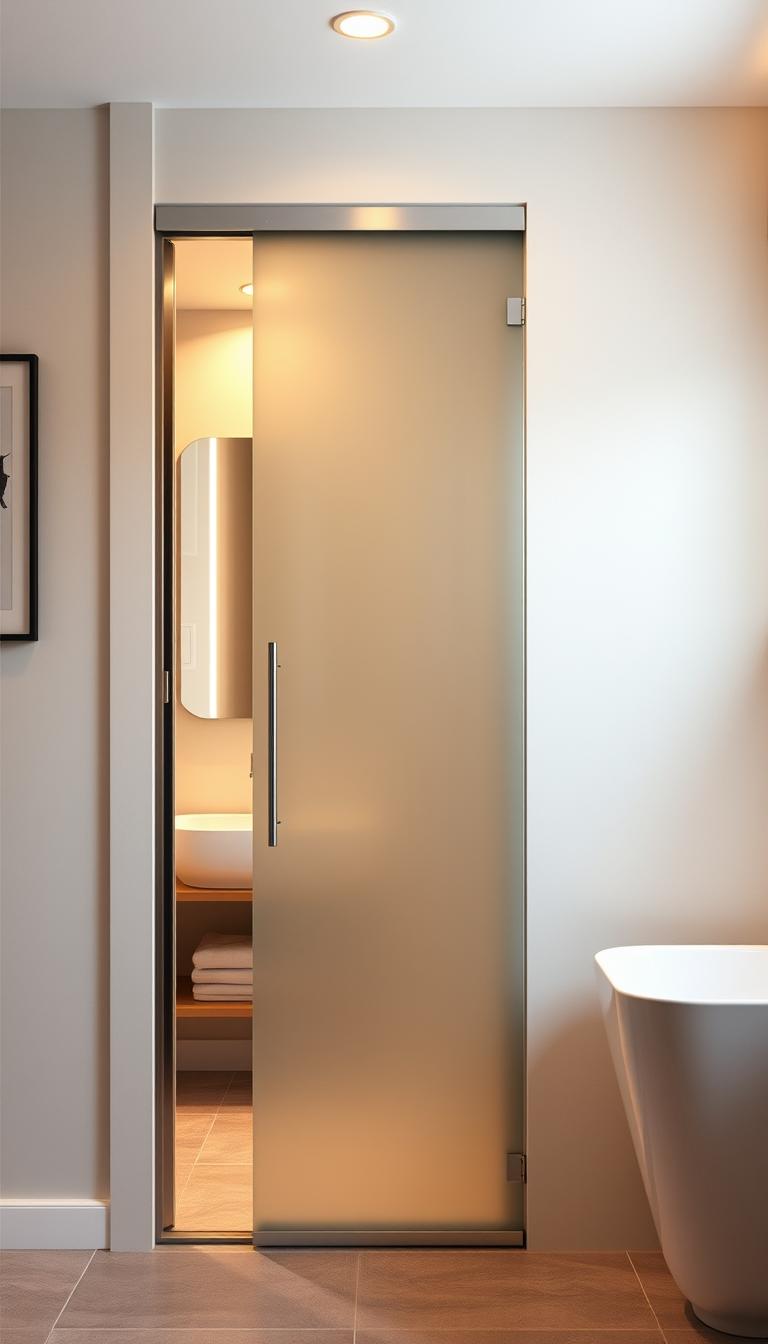 A modern, space-saving bathroom door is the focal point of this photorealistic image, showcasing a sleek, sliding design made of frosted glass and polished metal hardware. Positioned prominently in the foreground, the door blends seamlessly into a stylish yet compact bathroom setting. In the middle ground, a well-organized small bathroom features light-colored tiles, minimalist shelving, and a compact vanity, enhancing the sense of spaciousness and sophistication. The background softly fades into warm, ambient lighting that highlights the bathroom's architectural details and clever storage solutions. Capture the image from a slight angle, emphasizing the door's functionality while ensuring the overall atmosphere feels bright and inviting, perfect for maximizing style in small spaces. Avoid any text or watermarks.