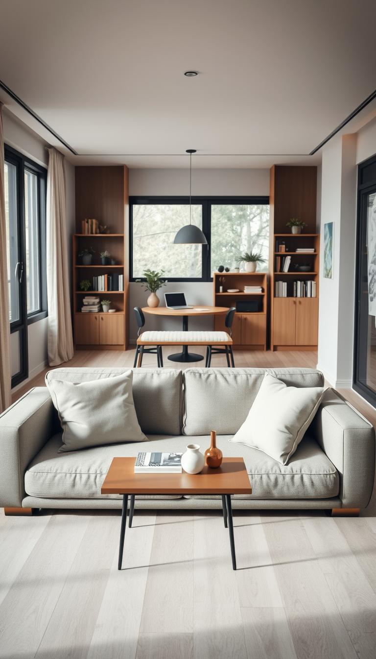 A modern studio apartment featuring multifunctional furniture designed for optimal space utilization. In the foreground, a sleek, convertible sofa bed transforms effortlessly, adorned with chic, minimalist throw pillows. A compact coffee table doubles as a dining surface, showcasing a few tasteful decor items. In the middle, a slim desk with integrated storage blends harmoniously with a bookshelf, filled with books and plants, emphasizing functionality. The background reveals large windows allowing natural light to flood the space, creating a warm, inviting ambiance. Soft, diffused lighting enhances the overall harmony, while light wood flooring adds warmth. The mood is one of innovation and coziness, promoting a stylish yet practical living environment. The shot captures the essence of modern living in an inspired, photorealistic style.