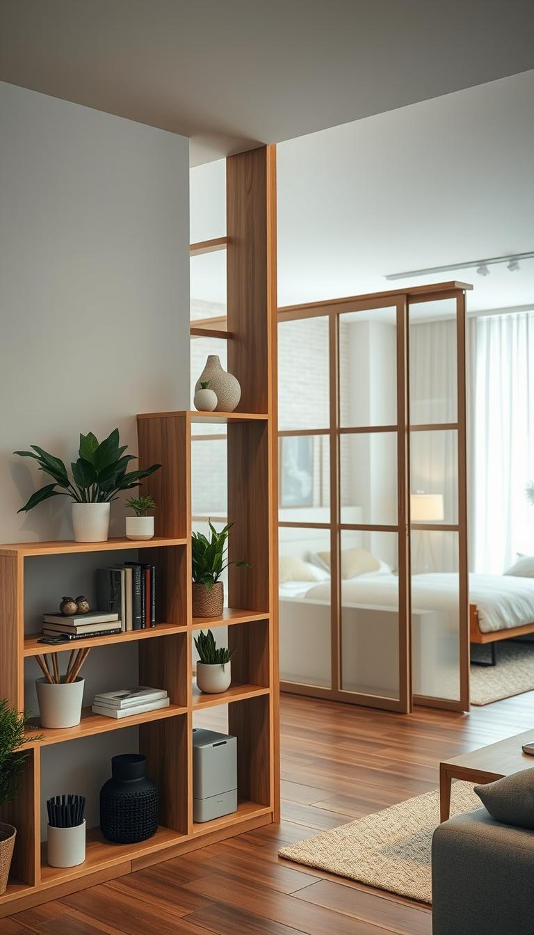 A modern studio apartment interior featuring a stylish room divider that includes a combination of open shelving and decorative panels. In the foreground, a sleek wooden bookshelf is filled with potted plants and curated decor items, creating an inviting focal point. The middle ground showcases a semi-transparent temporary wall, adding definition to the living and sleeping areas, with soft fabric textures and a subdued color palette. In the background, large windows allow natural light to flood the space, reflecting off light-colored walls and minimalist furniture, contributing to a bright and airy atmosphere. The scene is captured with a soft-focus lens, emphasizing the warmth and comfort of the space, creating an inviting mood suitable for modern living. A modern studio apartment interior featuring a stylish room divider that includes a combination of open shelving and decorative panels. In the foreground, a sleek wooden bookshelf is filled with potted plants and curated decor items, creating an inviting focal point. The middle ground showcases a semi-transparent temporary wall, adding definition to the living and sleeping areas, with soft fabric textures and a subdued color palette. In the background, large windows allow natural light to flood the space, reflecting off light-colored walls and minimalist furniture, contributing to a bright and airy atmosphere. The scene is captured with a soft-focus lens, emphasizing the warmth and comfort of the space, creating an inviting mood suitable for modern living.