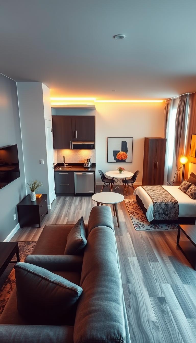 A modern studio apartment layout showcasing an efficient use of space. In the foreground, a cozy living area with a stylish sofa, a small coffee table, and a wall-mounted TV. The middle features a compact kitchen with sleek cabinetry, stainless steel appliances, and a breakfast bar with two stools. Adjacent to the kitchen, a small dining nook with a round table and two chairs adds functionality. The background displays a well-utilized bedroom area with a queen-sized bed, minimalist decor, and bright window treatments that let in natural light. The lighting is warm and inviting, creating a comfortable atmosphere. Capture this scene with a wide-angle lens to emphasize the open layout and maximize depth, resulting in a photorealistic image that highlights smart design principles in studio apartments. A modern studio apartment layout showcasing an efficient use of space. In the foreground, a cozy living area with a stylish sofa, a small coffee table, and a wall-mounted TV. The middle features a compact kitchen with sleek cabinetry, stainless steel appliances, and a breakfast bar with two stools. Adjacent to the kitchen, a small dining nook with a round table and two chairs adds functionality. The background displays a well-utilized bedroom area with a queen-sized bed, minimalist decor, and bright window treatments that let in natural light. The lighting is warm and inviting, creating a comfortable atmosphere. Capture this scene with a wide-angle lens to emphasize the open layout and maximize depth, resulting in a photorealistic image that highlights smart design principles in studio apartments.
