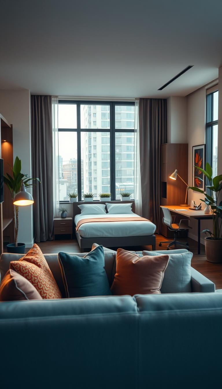 A modern studio apartment with distinct zones for living, sleeping, and working. In the foreground, a cozy living area features a stylish sofa adorned with colorful cushions, a small coffee table, and a sleek lamp casting soft light. The middle section showcases a neatly made bed with elegant linens, flanked by minimalistic nightstands. A compact workspace with a desk and ergonomic chair is positioned adjacent to a large window that allows natural light to flood the room, highlighting the urban landscape outside. The background features subtle greenery from potted plants, enhancing the fresh and inviting atmosphere. The image should be captured with a wide-angle lens, emphasizing the layout and smart design choices, creating a harmonious and serene mood in high-definition photorealism. A modern studio apartment with distinct zones for living, sleeping, and working. In the foreground, a cozy living area features a stylish sofa adorned with colorful cushions, a small coffee table, and a sleek lamp casting soft light. The middle section showcases a neatly made bed with elegant linens, flanked by minimalistic nightstands. A compact workspace with a desk and ergonomic chair is positioned adjacent to a large window that allows natural light to flood the room, highlighting the urban landscape outside. The background features subtle greenery from potted plants, enhancing the fresh and inviting atmosphere. The image should be captured with a wide-angle lens, emphasizing the layout and smart design choices, creating a harmonious and serene mood in high-definition photorealism.