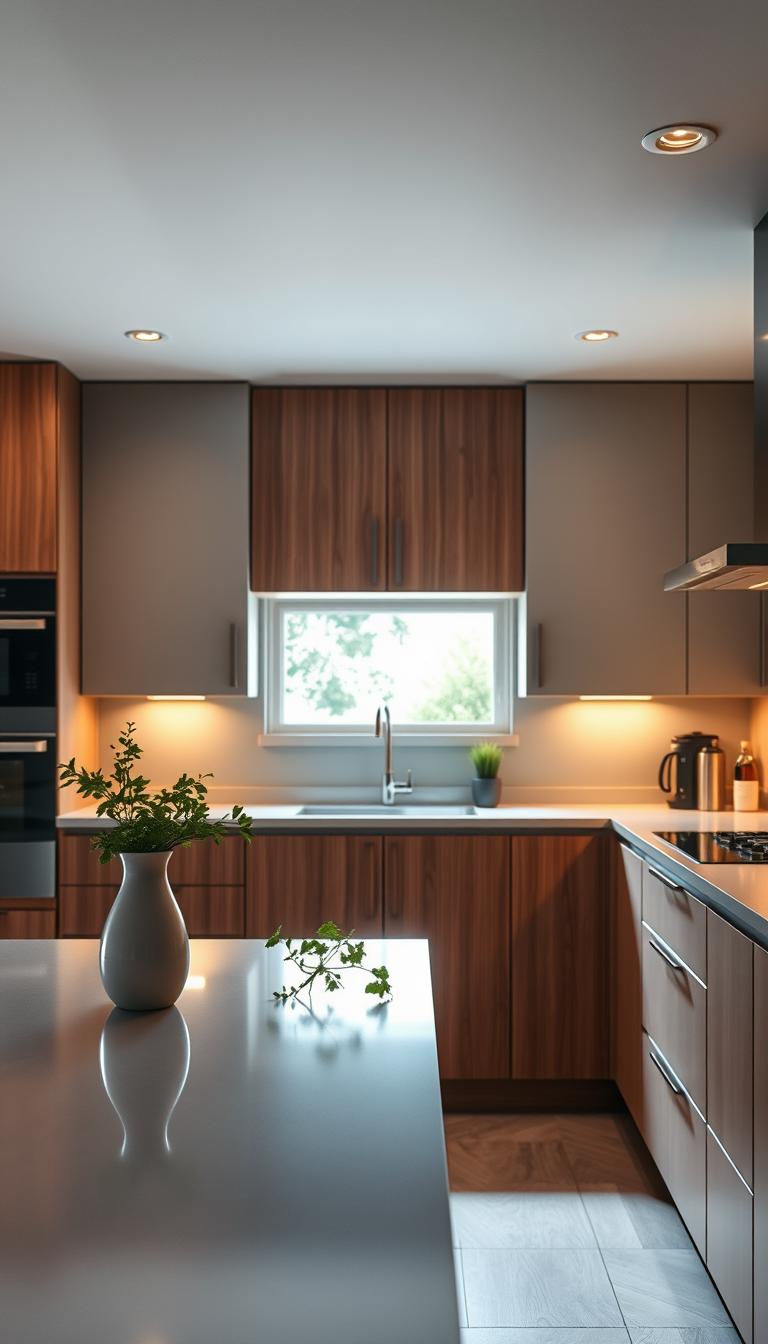 A modern, stylish kitchen showcasing high-quality Ikea cabinets. In the foreground, a sleek island with a polished countertop, adorned with fresh herbs and a sleek vase. The middle layer features the elegantly designed Ikea cabinets, showcasing a mix of wood and matte finishes, arranged harmoniously. Bright, ambient lighting illuminates the space, creating a warm and inviting atmosphere. A window in the background reveals a sunlit outdoor view, adding to the sense of spaciousness. The angle captures the full depth of the kitchen, emphasizing its functionality and aesthetic appeal. The overall mood is one of comfort and sophistication, perfect for a daily living space.