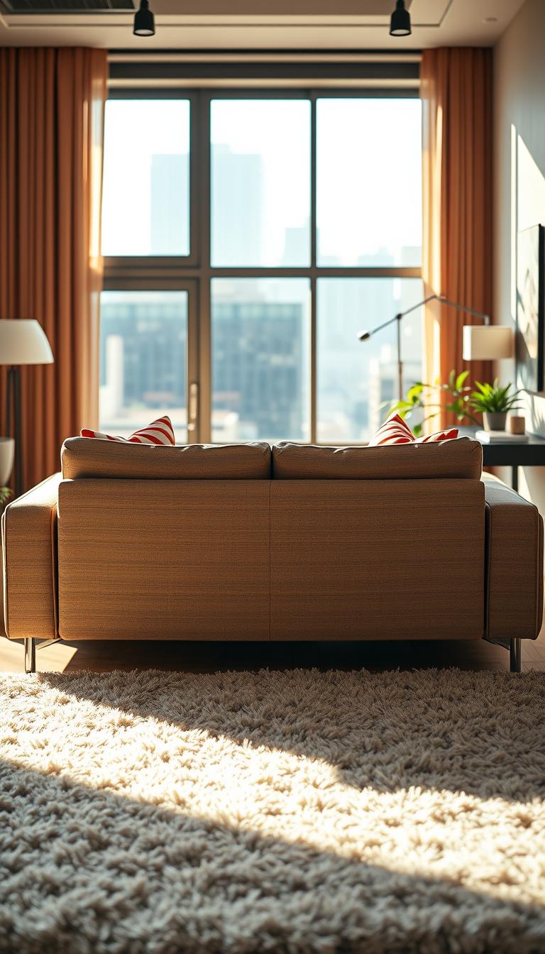 A modern, stylish sofa placed strategically in an open layout studio apartment, showcasing its back to the view. The sofa features a textured, neutral fabric and is adorned with colorful throw pillows for a pop of color. In the foreground, a plush area rug anchors the space, with light streaming in from large windows, creating warm highlights on the sofa. The middle of the scene captures the sofa's elegant design and placement, demonstrating innovative furniture placement tricks. In the background, subtle décor elements like a potted plant and artwork complement the setting without overwhelming it. The lighting is soft and inviting, enhancing the warmth of the cozy atmosphere, while maintaining a photorealistic quality perfect for an article illustration.
