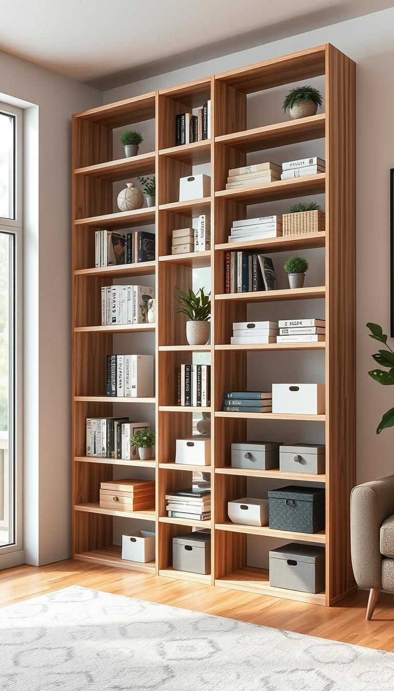A modern vertical storage shelving unit made of light wood, featuring multiple open shelves filled with stylishly organized books, decorative plants, and minimalist storage boxes, is prominently displayed. The foreground showcases the sleek lines of the shelving unit, emphasizing its practicality and aesthetic appeal. The middle ground reveals a cozy living space, with a small seating area and a patterned rug, enhancing the homey vibe. In the background, a large window allows natural light to pour in, creating a warm and inviting atmosphere. The image is captured in high definition with soft, diffused lighting, highlighting textures and colors, while maintaining a clean and clutter-free setting that reflects smart space maximizing solutions for small apartments.
