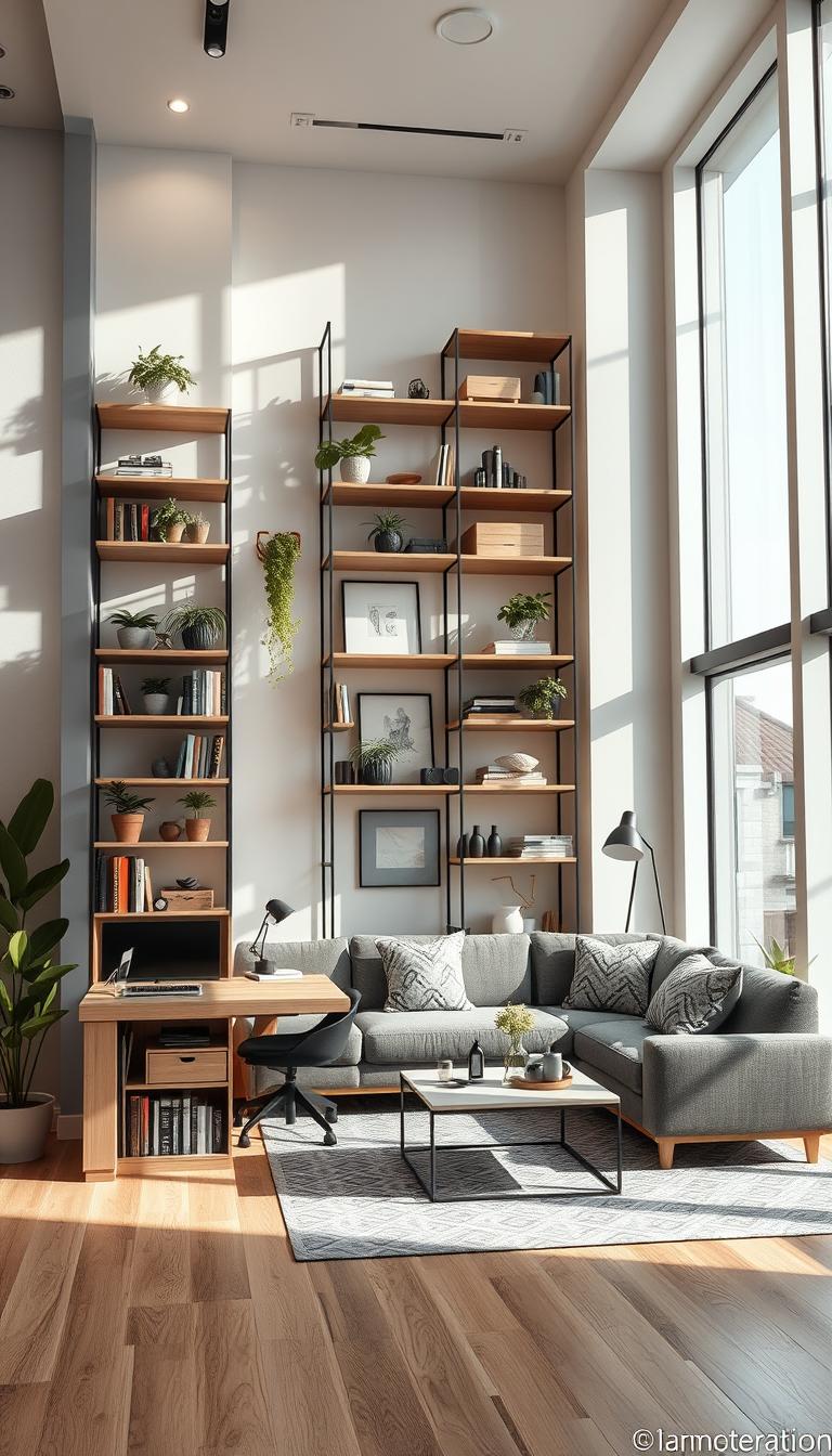 A modern vertical storage studio apartment showcasing an innovative layout. In the foreground, a sleek, multifunctional furniture piece acts as a room divider, combining a desk and shelves filled with plants and books. The middle ground features a cozy seating area with a modular sofa, patterned throw pillows, and a minimalist coffee table. Above, vertical shelving extends to the ceiling, displaying decorative items and storage boxes. The background highlights large windows allowing natural light to stream in, casting soft shadows and creating a warm atmosphere. The color palette consists of soft neutrals accented with bold decor. The image is captured with a wide-angle lens, emphasizing the spaciousness of the design, conveying a sense of modern living and smart use of space. High definition and photorealism enhance the visual clarity and detail. A modern vertical storage studio apartment showcasing an innovative layout. In the foreground, a sleek, multifunctional furniture piece acts as a room divider, combining a desk and shelves filled with plants and books. The middle ground features a cozy seating area with a modular sofa, patterned throw pillows, and a minimalist coffee table. Above, vertical shelving extends to the ceiling, displaying decorative items and storage boxes. The background highlights large windows allowing natural light to stream in, casting soft shadows and creating a warm atmosphere. The color palette consists of soft neutrals accented with bold decor. The image is captured with a wide-angle lens, emphasizing the spaciousness of the design, conveying a sense of modern living and smart use of space. High definition and photorealism enhance the visual clarity and detail.