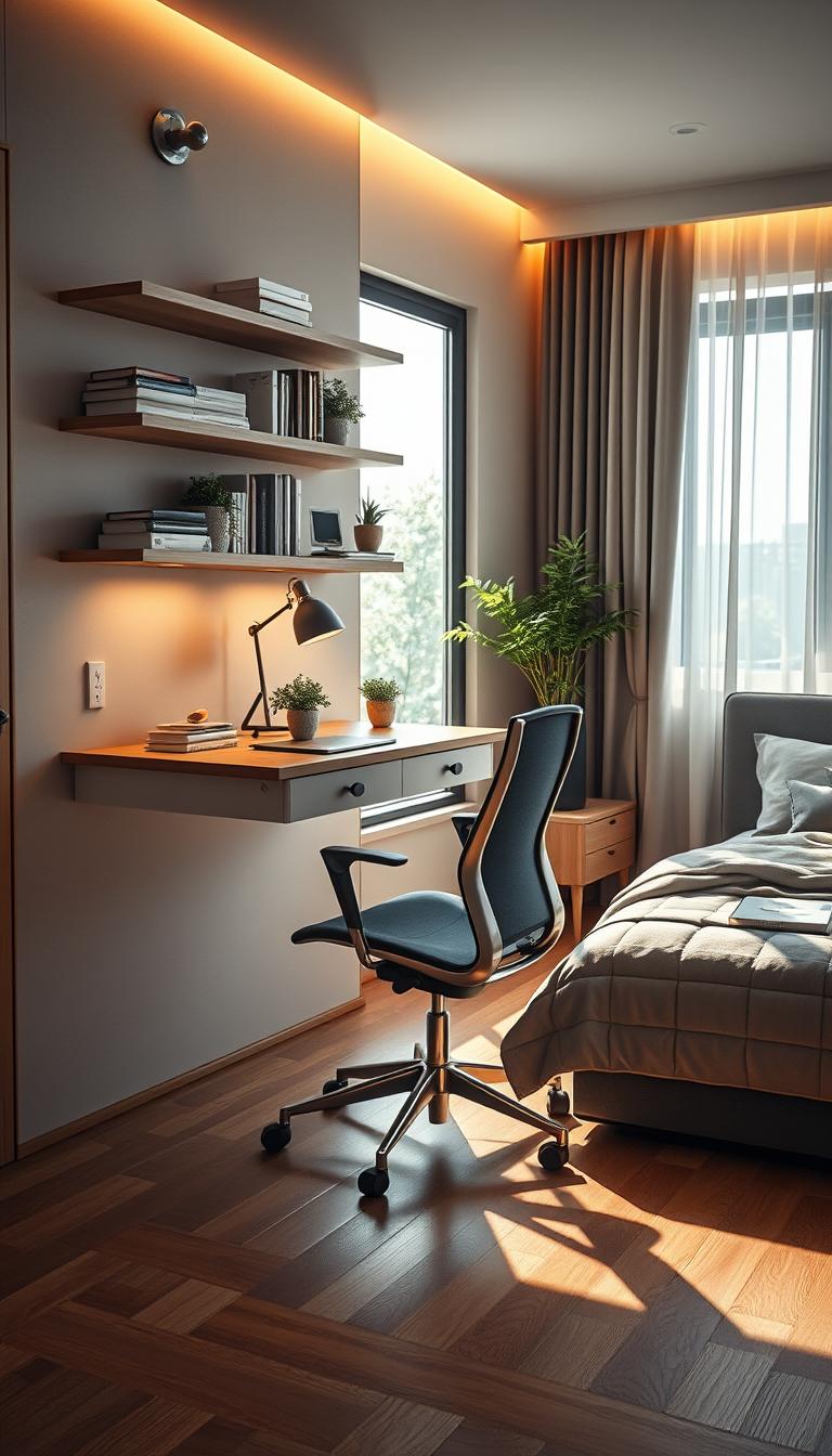 A modern wall storage desk integrated into a stylish bedroom office. The foreground showcases a sleek, minimalist desk mounted to the wall, featuring clean lines, light wood finish, and an organized layout with office essentials. Above the desk, shelves display neatly arranged books, decorative items, and small plants, creating a harmonious blend of function and aesthetics. The middle ground includes a comfortable ergonomic chair, facing a large window that lets in ample natural light, casting soft shadows on the wooden floor. The background reveals an inviting bedroom area with a neatly made bed adorned in neutral tones, framed by soft curtains. The scene is illuminated by warm, ambient lighting, contributing to a serene and productive atmosphere, ideal for work and relaxation. The composition is captured at a slight angle to highlight both the desk and the overall room design, emphasizing spaciousness and comfort.