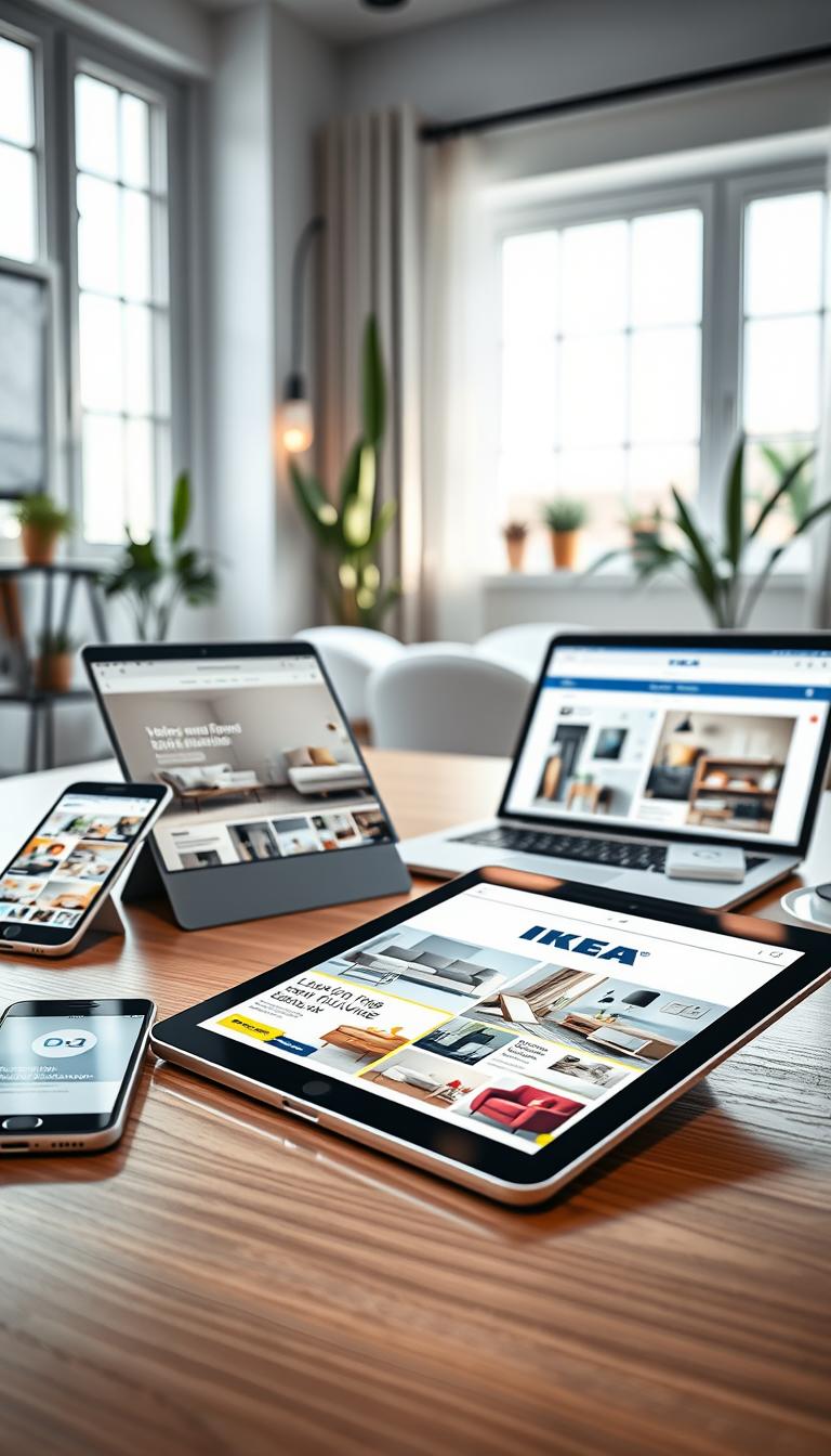 A modern workspace featuring sleek digital brochures of the latest Ikea catalog displayed on a polished wooden desk. In the foreground, a tablet is propped up, showcasing vibrant images of stylish living room furniture and smart storage solutions. The middle ground includes an open laptop with the Ikea website visible, highlighting various collections. To the left, a smartphone rests, its screen glowing with an interactive digital catalog. In the background, soft natural light filters through a large window, illuminating minimalist decor and houseplants that enhance the inviting atmosphere. The overall mood is fresh, inspiring, and modern, capturing the essence of browsing home inspiration digitally. The image should be photorealistic, with high definition and crisp details, ensuring every element is clearly defined.