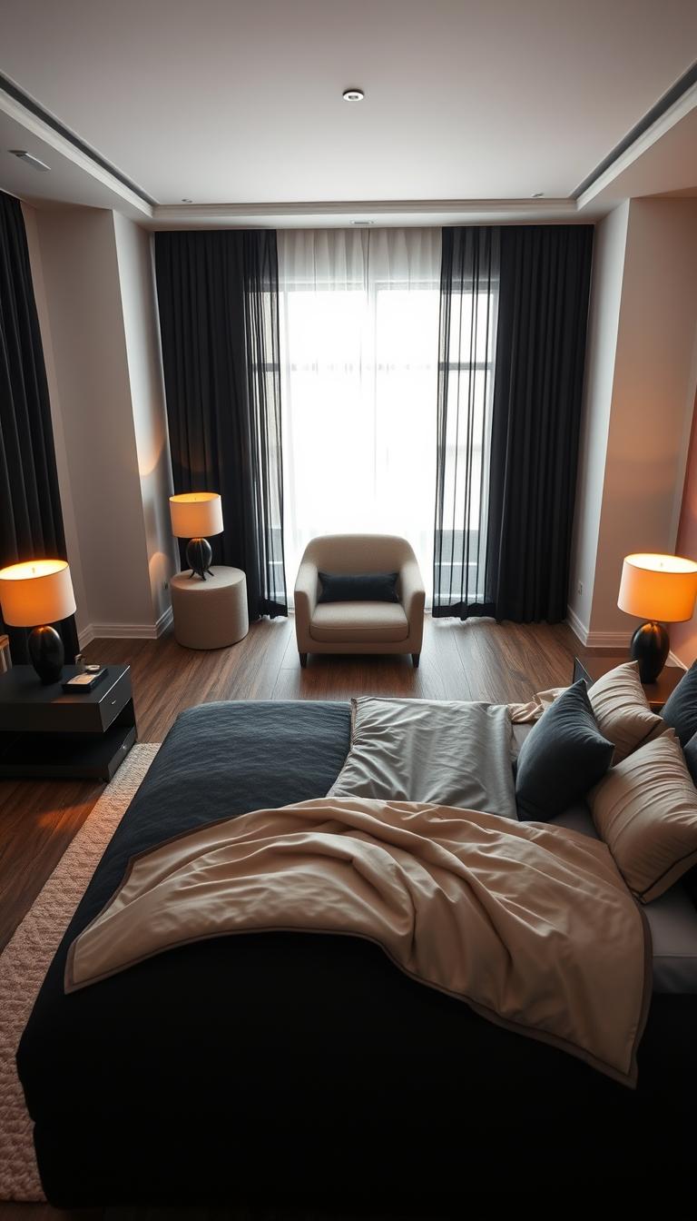 A photorealistic black bedroom designed to showcase the soft contrast of black and beige decor. In the foreground, a plush black upholstered bed with elegant beige bedding and decorative pillows, layered for texture. Flanking the bed, sleek black nightstands display warm ambient table lamps casting a gentle glow. The middle ground features a soft beige rug underfoot and an accent chair in a neutral fabric, creating a cozy seating area. In the background, minimalist black curtains frame a large window, allowing natural light to filter softly into the room, enhancing the inviting atmosphere. The overall mood is serene and sophisticated, perfect for relaxation and restful sleep, captured in high definition. The camera angle is slightly above eye level, showcasing the room's depth and inviting style.