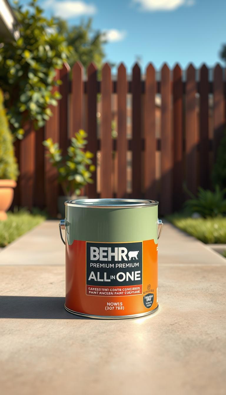A photorealistic close-up of a Behr Premium All-In-One paint can, prominently displayed in the foreground. The can showcases its vibrant color with an attractive label that highlights its suitability for wood and concrete surfaces. In the middle ground, a freshly painted wooden fence and a smooth concrete patio reflect the transformative power of the paint, both showcasing rich, deep colors that evoke a sense of warmth and inviting atmosphere. The background features a bright, sunlit environment with lush greenery and a clear blue sky, enhancing the freshness of the scene. Natural lighting emphasizes the texture of the paint and surfaces, while a slight depth of field focuses on the can in the foreground. The overall mood is uplifting, embodying creativity and inspiration for home improvement projects.