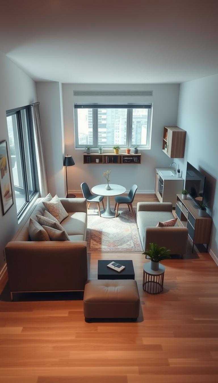 A photorealistic depiction of a cozy studio apartment layout designed to illustrate the concept of defining zones without walls. The foreground features a stylish living area with a plush sofa, scattered cushions, and a small coffee table. In the middle, a seamless transition showcases a compact dining nook with a round table and modern chairs separated by a decorative rug. The background includes a small but functional kitchen with open shelving and potted herbs. Soft, natural lighting filters in through a large window, creating a warm, inviting atmosphere. The angle captures the fluidity of the space, emphasizing visual harmony and practical decor choices. Overall, the image conveys a sense of comfort and efficiency in urban living.