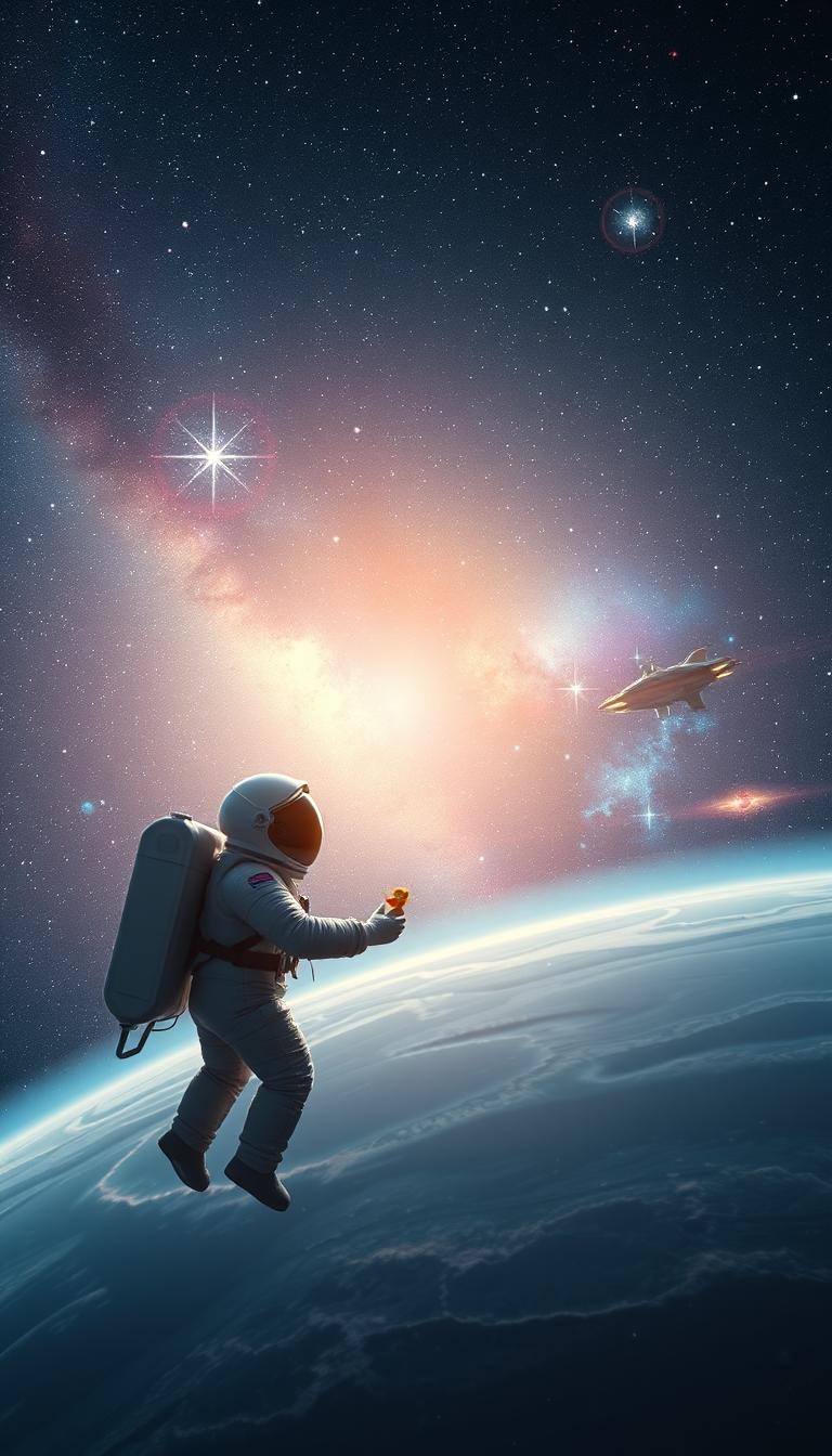 A photorealistic depiction of a serene space scene, featuring a vast starry sky filled with countless twinkling stars and colorful nebulas. In the foreground, a close-up view of an astronaut in professional attire gently floating while holding a small, child-friendly object representing safety, like a brightly colored toy. The middle ground showcases a planetary surface with soft, glowing light reflecting off a nearby celestial body, creating a sense of wonder and exploration. The background reveals distant galaxies and an ethereal spacecraft, all bathed in a calming blue and purple hue. The atmosphere is tranquil yet awe-inspiring, conveying the wonders of space exploration while emphasizing the importance of safety in all endeavours. The lighting is soft and diffuse, highlighting the textures of the astronaut's suit and the celestial elements beautifully. A photorealistic depiction of a serene space scene, featuring a vast starry sky filled with countless twinkling stars and colorful nebulas. In the foreground, a close-up view of an astronaut in professional attire gently floating while holding a small, child-friendly object representing safety, like a brightly colored toy. The middle ground showcases a planetary surface with soft, glowing light reflecting off a nearby celestial body, creating a sense of wonder and exploration. The background reveals distant galaxies and an ethereal spacecraft, all bathed in a calming blue and purple hue. The atmosphere is tranquil yet awe-inspiring, conveying the wonders of space exploration while emphasizing the importance of safety in all endeavours. The lighting is soft and diffuse, highlighting the textures of the astronaut's suit and the celestial elements beautifully.