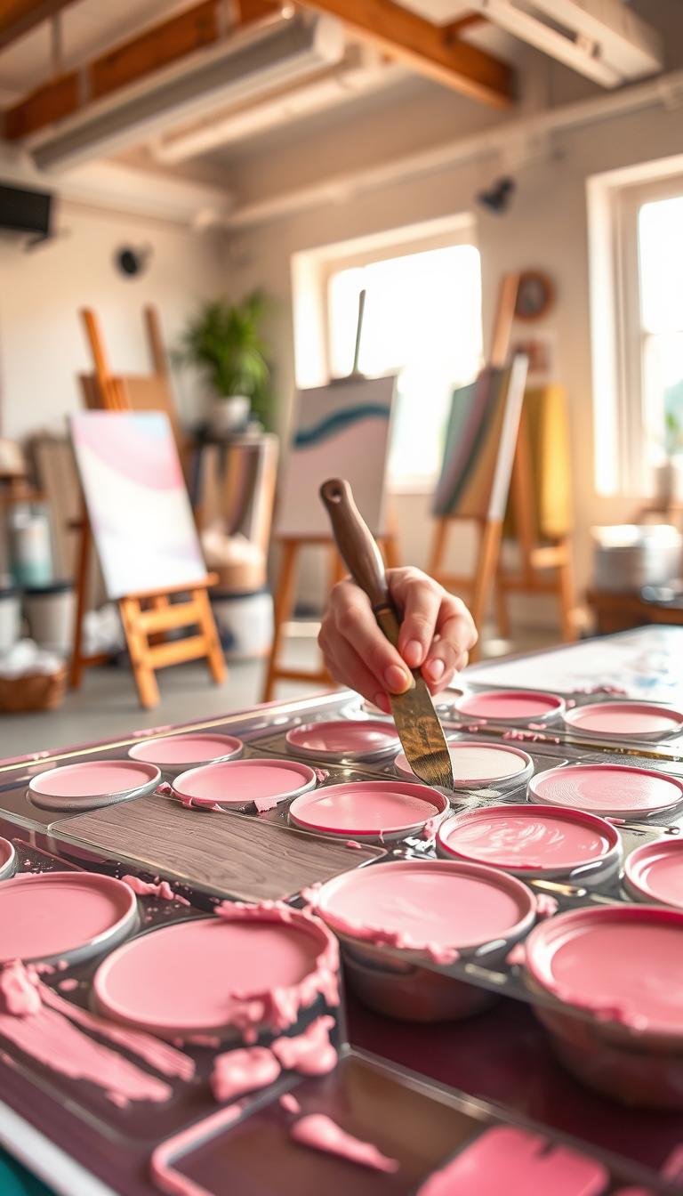 A photorealistic depiction of a vibrant color mixing scene focused on light pink hues. In the foreground, a clear glass palette holds varying shades of light pink paint, each blending seamlessly into one another, with delicate brush strokes visible. In the middle, a skilled artist's hands, clad in modest casual attire, are working with a palette knife to mix the colors, showcasing the rich textures of the paint. In the background, a softly lit art studio is illuminated by warm, natural light streaming through a large window, highlighting easels and scattered art supplies. The overall atmosphere exudes creativity and serenity, inviting viewers into the calming world of color mixing, emphasizing the soothing qualities of light pink. A photorealistic depiction of a vibrant color mixing scene focused on light pink hues. In the foreground, a clear glass palette holds varying shades of light pink paint, each blending seamlessly into one another, with delicate brush strokes visible. In the middle, a skilled artist's hands, clad in modest casual attire, are working with a palette knife to mix the colors, showcasing the rich textures of the paint. In the background, a softly lit art studio is illuminated by warm, natural light streaming through a large window, highlighting easels and scattered art supplies. The overall atmosphere exudes creativity and serenity, inviting viewers into the calming world of color mixing, emphasizing the soothing qualities of light pink.