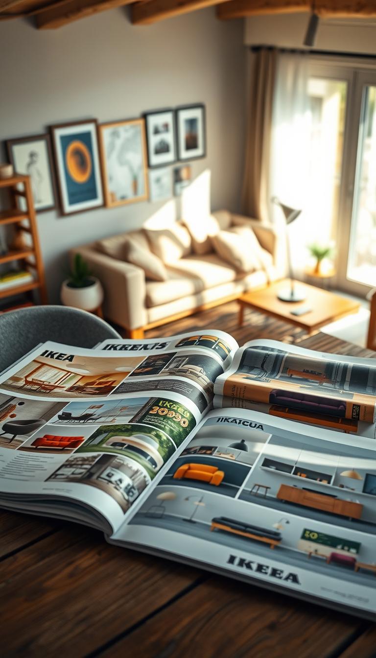 A photorealistic depiction of open Ikea catalog pages spread across a rustic wooden table, showcasing vibrant furniture arrangements and home accessories from various decades. In the foreground, the pages are slightly curled, with detailed visuals of iconic Ikea products like modern sofas, sleek lamps, and kitchenware, illustrating the evolution of design. The middle layer captures soft sunlight streaming through a window, casting gentle shadows on the catalog pages, enhancing the nostalgic ambiance. The background features a cozy living room setting with stylish decor, creating a sense of warmth and inspiration. The atmosphere is inviting and reflective, evoking a sense of home and tradition, perfect for connecting the past with contemporary living. High definition, shot from a top-down angle to emphasize the layers of time.