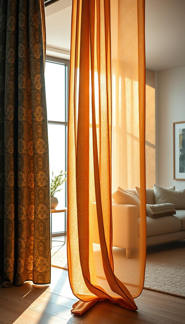 A photorealistic image capturing a beautifully styled Aftonsparv curtain draped elegantly in a bright, modern living room setting. In the foreground, the curtain features intricate patterns and textures, showcasing its vibrant colors such as deep blues and subtle yellows catching the soft, natural light streaming in from a large window. The middle ground includes a sleek, minimalistic sofa and a side table with a decorative plant, creating a cozy atmosphere. In the background, light, airy walls and a tasteful piece of artwork enhance the aesthetic appeal. The scene is illuminated with warm, diffused lighting, casting gentle shadows that add depth and dimension, evoking a sense of tranquility and style. The angle is slightly from the side, emphasizing the curtain's flow and elegance without any distractions in the image. A photorealistic image capturing a beautifully styled Aftonsparv curtain draped elegantly in a bright, modern living room setting. In the foreground, the curtain features intricate patterns and textures, showcasing its vibrant colors such as deep blues and subtle yellows catching the soft, natural light streaming in from a large window. The middle ground includes a sleek, minimalistic sofa and a side table with a decorative plant, creating a cozy atmosphere. In the background, light, airy walls and a tasteful piece of artwork enhance the aesthetic appeal. The scene is illuminated with warm, diffused lighting, casting gentle shadows that add depth and dimension, evoking a sense of tranquility and style. The angle is slightly from the side, emphasizing the curtain's flow and elegance without any distractions in the image.