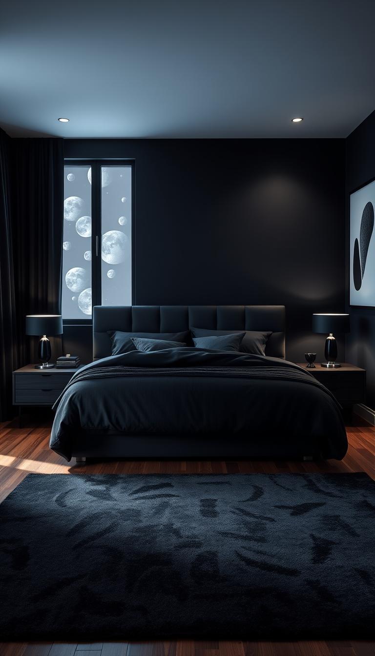 A photorealistic image of a luxurious black bedroom, featuring an all-black bed with plush bedding and elegant black pillows arranged artfully. In the foreground, dark wooden nightstands support modern, sleek black lamps casting soft, ambient light. The middle of the room showcases a rich, textured black area rug on hardwood floors. A large window with black curtains allows moonlight to softly illuminate the space, creating dramatic shadows. The background reveals a stylish black accent wall adorned with minimalistic artwork, enhancing the refined atmosphere. The mood is calm and sophisticated, inviting relaxation and tranquility in a modern sleep space. Capture this scene from a slightly elevated angle, focusing on the bed as the focal point of the composition.