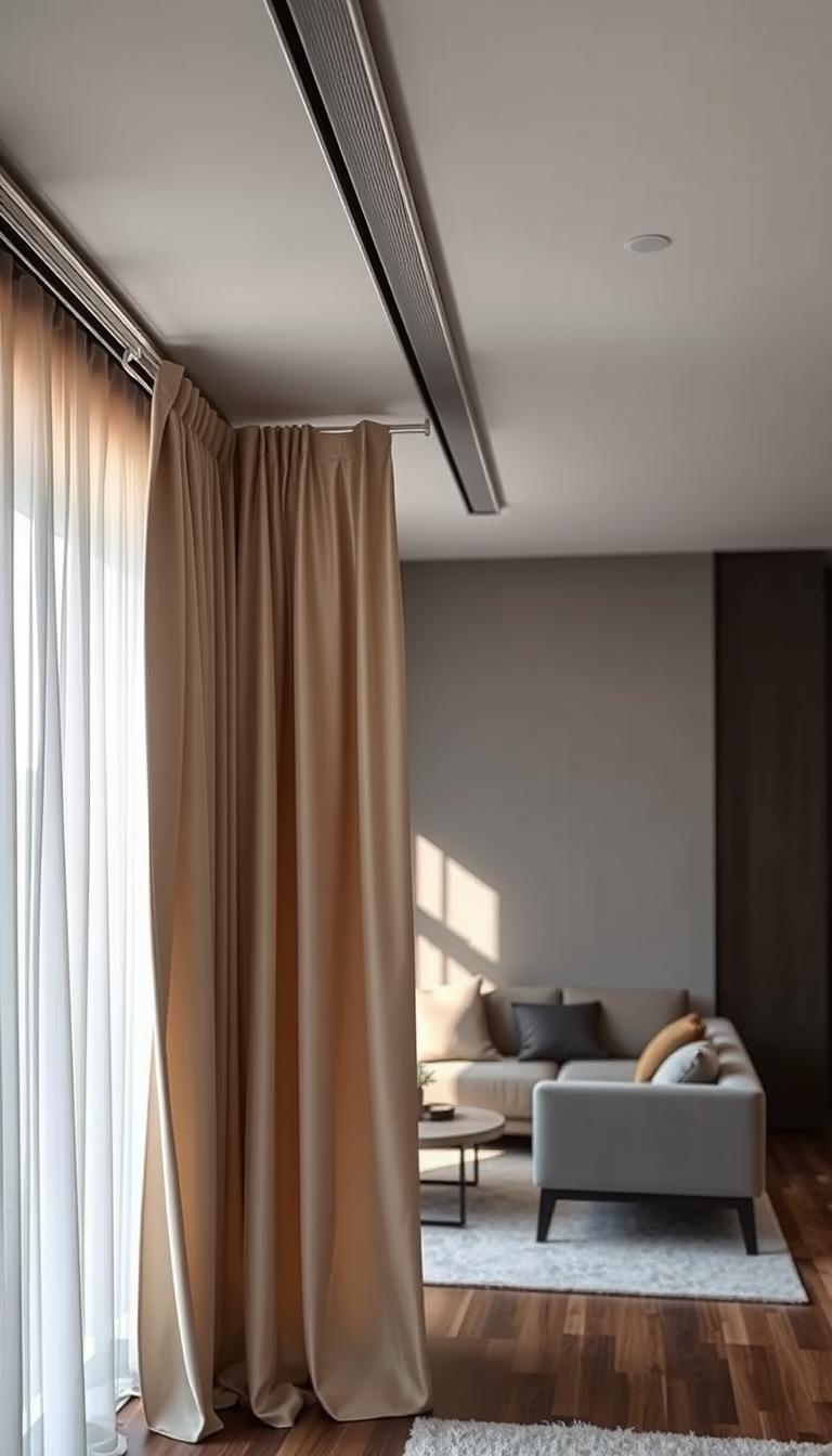 A photorealistic image of a modern room featuring a curtain room divider installed using a ceiling track kit. In the foreground, the sleek aluminum track is mounted seamlessly to the ceiling, with a stylish, flowing curtain in soft, neutral colors elegantly draping down. In the middle ground, the room showcases a cozy seating area with tasteful decor, such as a contemporary sofa and a small coffee table, creating an inviting atmosphere. The background includes a hint of natural light streaming in through a nearby window, highlighting the textures of the curtain and furniture. The overall mood is serene and sophisticated, conveying a sense of privacy and stylish redesign in a living space, captured from a slightly elevated angle to emphasize the installation.