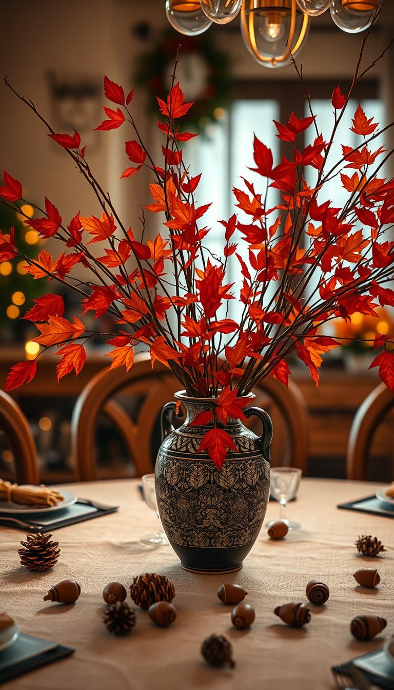 A photorealistic image of an elegant fall centerpiece featuring a decorative vase filled with autumn branches. The foreground showcases a beautifully crafted ceramic vase, adorned with intricate patterns, displaying vibrant red, orange, and yellow leaves that evoke the essence of the season. In the middle, a soft, rustic tablecloth sets the scene, scattered with small pinecones and acorns, adding to the autumnal charm. The background reveals a warm, softly lit dining space with hints of a wooden table and blurred seasonal decorations, enhancing the cozy atmosphere. The lighting is warm and inviting, casting gentle shadows that create a serene and welcoming mood. This high-definition image captures the essence of a fall gathering, perfect for showcasing festive dining ideas. A photorealistic image of an elegant fall centerpiece featuring a decorative vase filled with autumn branches. The foreground showcases a beautifully crafted ceramic vase, adorned with intricate patterns, displaying vibrant red, orange, and yellow leaves that evoke the essence of the season. In the middle, a soft, rustic tablecloth sets the scene, scattered with small pinecones and acorns, adding to the autumnal charm. The background reveals a warm, softly lit dining space with hints of a wooden table and blurred seasonal decorations, enhancing the cozy atmosphere. The lighting is warm and inviting, casting gentle shadows that create a serene and welcoming mood. This high-definition image captures the essence of a fall gathering, perfect for showcasing festive dining ideas.