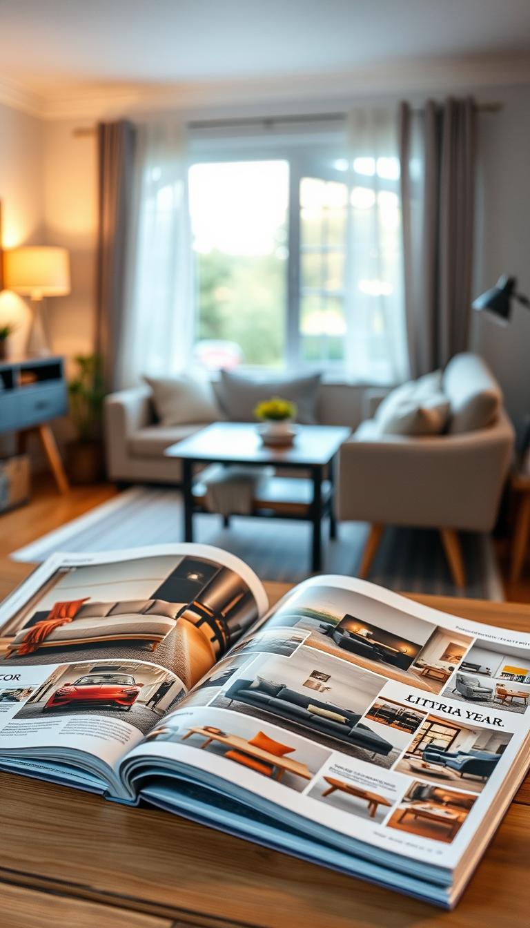 A photorealistic image of an elegantly arranged Ikea catalog on a wooden table, showcasing a variety of home decor and furniture designs. In the foreground, the open catalog displays colorful pages featuring living room setups, modern kitchens, and stylish bedroom designs. The middle section shows soft, ambient lighting illuminating the pages, highlighting the textures and colors of the featured items. In the background, a cozy, well-decorated room can be glimpsed through a softly blurred window, reflecting a serene atmosphere filled with natural light. The angle is slightly overhead, creating an inviting and warm mood. The overall appearance has a high-definition quality, emphasizing detail and clarity, perfect for inspiring home design enthusiasts.