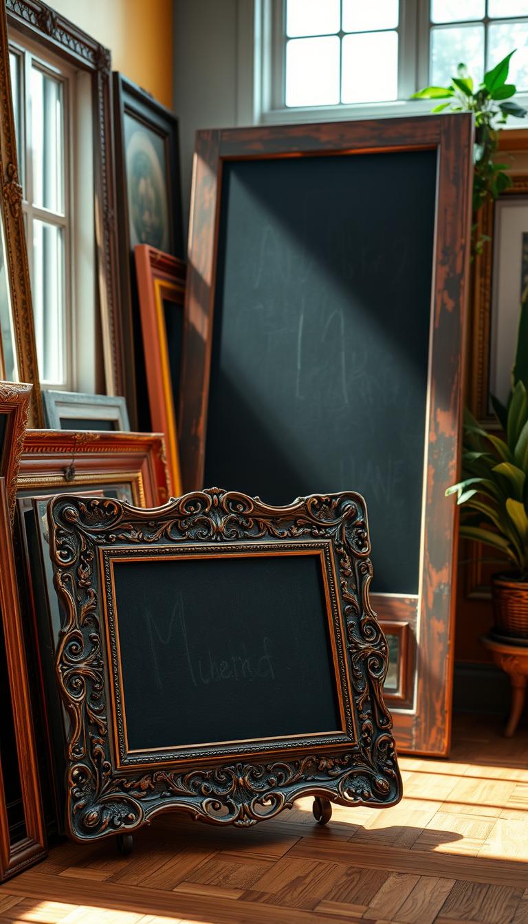 A photorealistic image showcasing a collection of repurposed frames transformed into a chalkboard display. In the foreground, a beautifully crafted vintage wooden frame, intricately carved, holds a smooth chalkboard surface. Surrounding it are other frames in various styles, some painted in bright colors, others weathered for a rustic look. The middle ground features an old door repurposed as an oversized chalkboard, leaning slightly against a wall with a warm, inviting atmosphere. Soft natural light streams in from a window, casting gentle shadows and highlighting the unique textures of the wood. The background displays hints of a cozy room setting, with warmly colored walls and plants, creating an inspiring, creative mood. The angle captures both the ornate details of the frames and the overall vibrant arrangement of the decor.