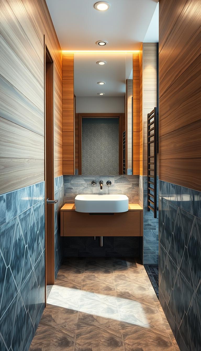 A photorealistic image showcasing a stylish tiny bathroom featuring a captivating mix of tiles and paneling. In the foreground, there is a close-up view of textured wall paneling in a warm wood tone, with geometric patterned tiles in muted blues and greys blending harmoniously beneath. The middle section reveals a compact sink area with sleek finishes, visually enhanced by a subtle play of reflections on polished surfaces. In the background, a large mirror reflects soft, natural light filtering through a frosted window, creating an airy atmosphere. The scene is captured at a slight angle to emphasize depth, with gentle shadows adding dimension, evoking a modern yet cozy feel perfect for maximizing space and style. No text or watermarks.