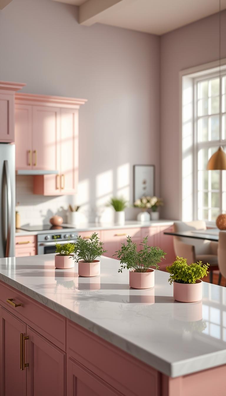A photorealistic kitchen island design showcasing a soothing pink color scheme. In the foreground, the island features a smooth white marble countertop adorned with fresh herbs in subtle pink planters. The middle ground reveals stylish cabinetry in soft blush and warm wood accents, with stainless steel appliances integrated seamlessly. Bright, natural light filters through large windows, creating a soft glow that enhances the gentle palette. The background depicts a cozy dining area with minimalist decor and plush seating. The overall atmosphere is tranquil and inviting, perfect for a calming culinary space. The angle captures the view slightly above the countertop to emphasize the island's functionality within a small kitchen layout, ensuring a sense of open space and harmony.