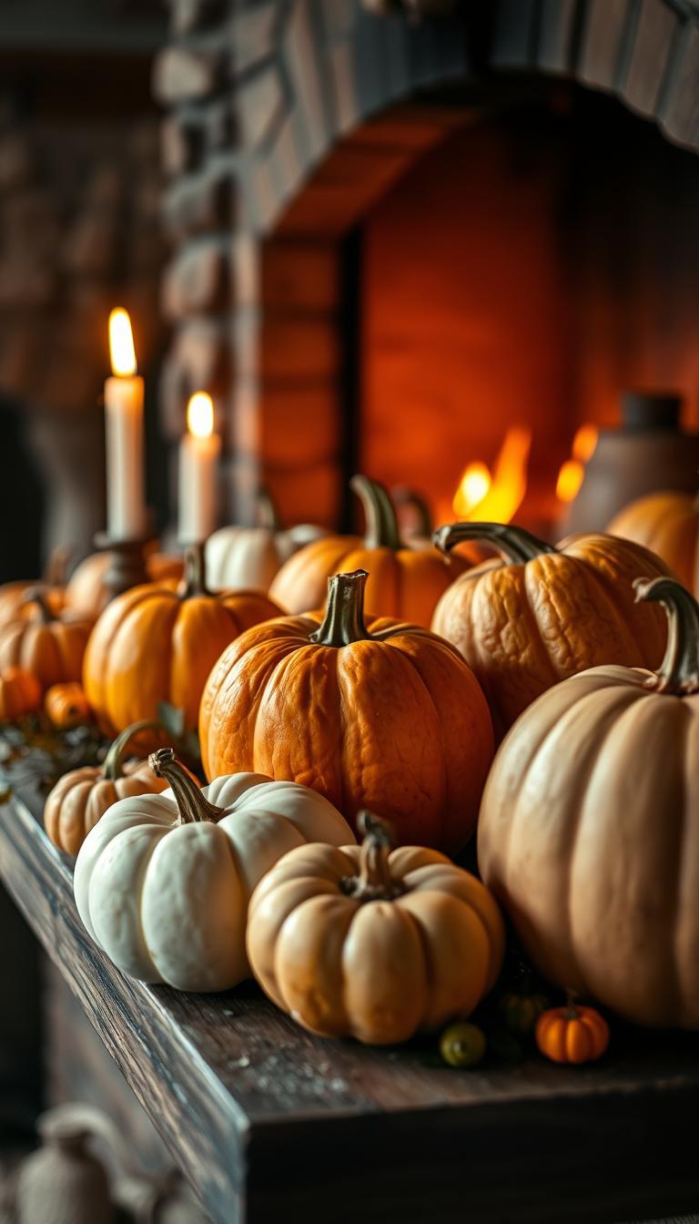 A rustic fall mantel decorated with a variety of pumpkins, showcasing an array of textures and colors from traditional bright orange to soft white and deep green. In the foreground, plump, perfectly shaped pumpkins are artistically arranged on a weathered wooden mantel, complemented by flickering candlelight that casts a warm glow. The middle ground features delicate autumn leaves and small gourds, adding to the festive feel. In the background, a cozy fireplace with subtle stone detailing is softly illuminated, enhancing the inviting atmosphere. The overall mood is warm and comforting, evoking a sense of home and seasonal charm. Photorealistic, high-definition image captured with a shallow depth of field, focusing on the pumpkins in natural, diffused lighting.