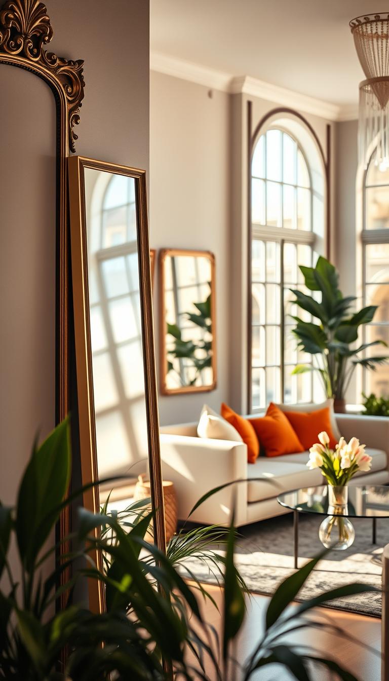 A serene and elegant living space featuring multiple mirrors reflecting soft, natural light. In the foreground, a stylish mirror with an ornate frame leans against a light-colored wall, surrounded by indoor plants that add a fresh touch. The middle ground includes a cozy seating area with a modern couch adorned with bright throw pillows, complemented by a coffee table with a delicate vase of fresh flowers. In the background, large windows allow daylight to flood the room, enhancing the illusion of space. The overall ambiance is bright and airy, with a soft focus effect, conveying a peaceful and inviting atmosphere. The lighting is warm and luminous, highlighting textures and colors in a photorealistic high-definition style.