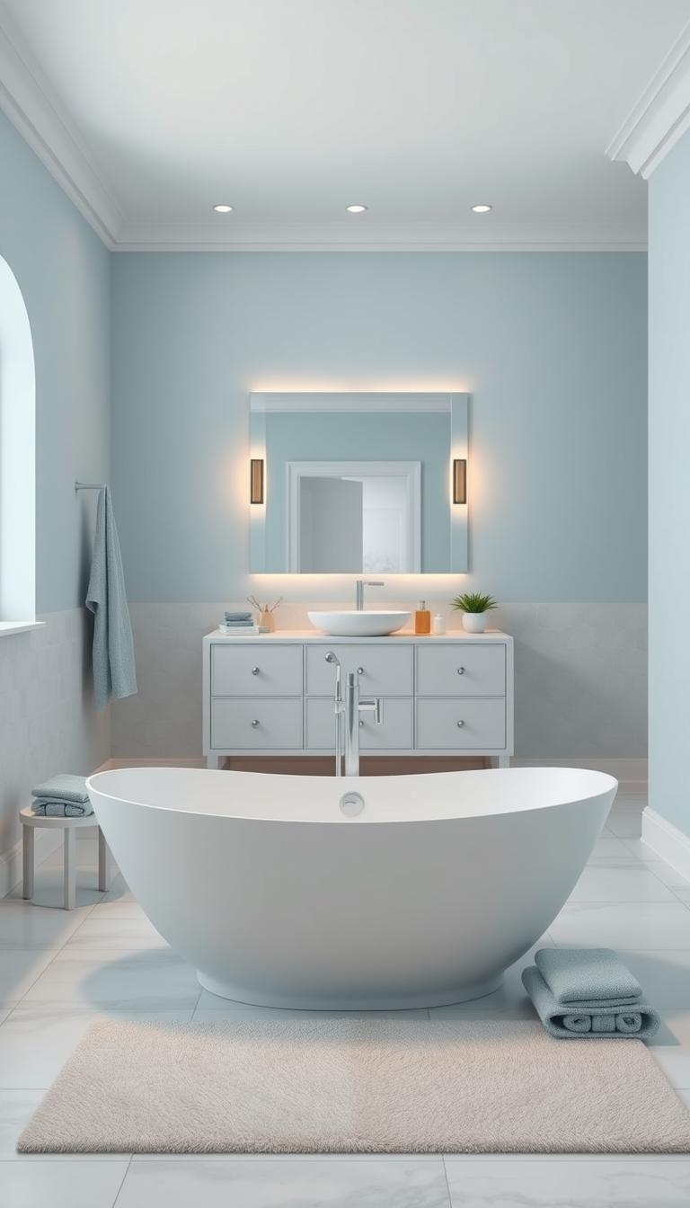A serene and modern tone-on-tone bathroom design, showcasing soft shades of pale blue and aqua on the walls, tiles, and accessories. The foreground features a sleek freestanding bathtub with elegant curves, surrounded by coordinated towels and a plush rug. In the middle ground, a minimalist vanity with a large mirror reflects the tranquil hues, accented by elegant fixtures and illuminated by warm, ambient lighting. The background includes a window that softly diffuses natural light, enhancing the calming atmosphere. The room is spacious, emphasizing cleanliness and style, evoking a peaceful retreat. Photorealistic, high-definition image captured from a slightly elevated angle to encompass the full layout, creating a harmonious and cohesive color palette.