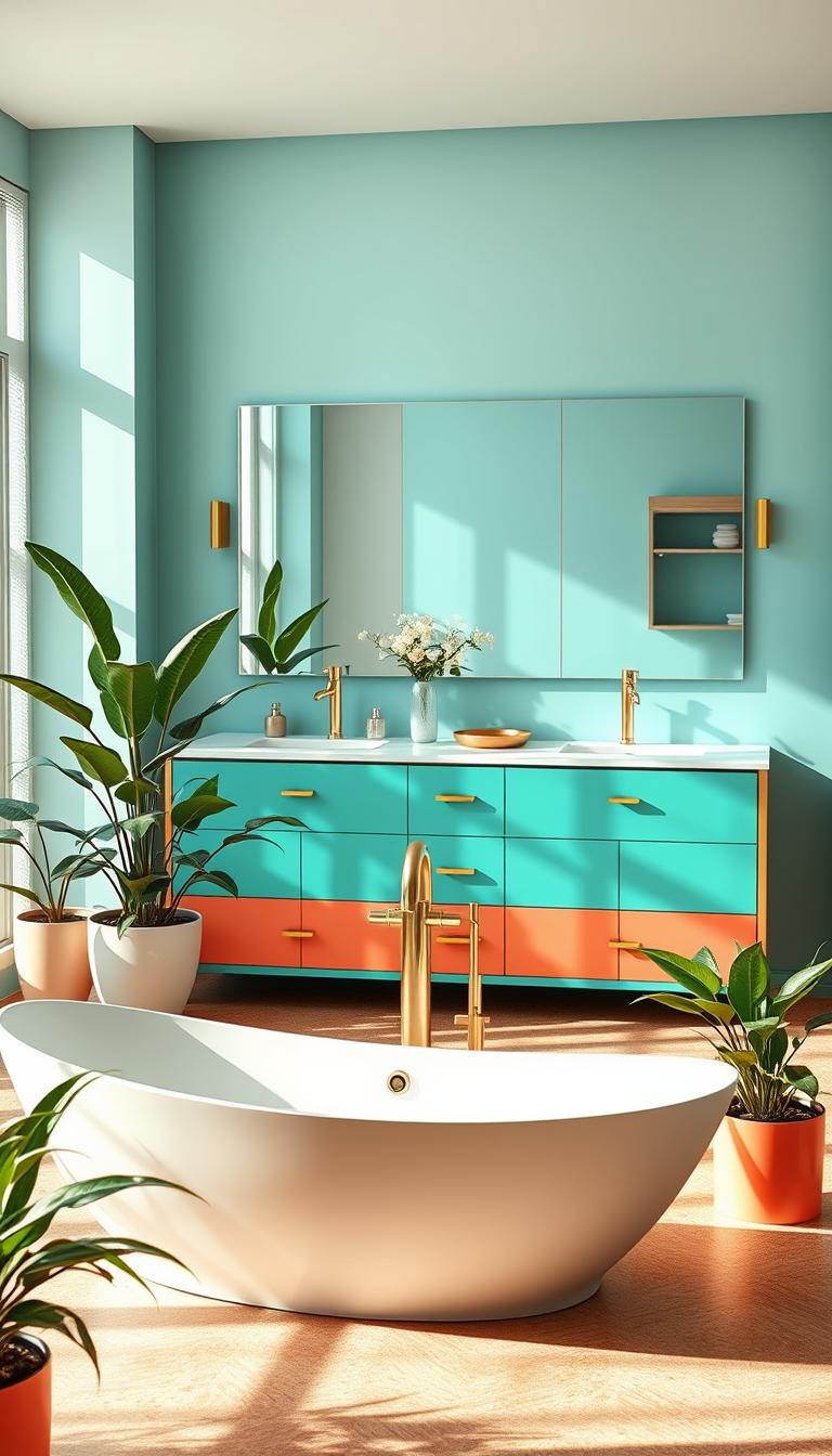 A serene and stylish bathroom design, showcasing a harmonious color palette for a colorful bathroom. In the foreground, a luxurious freestanding bathtub with sleek lines, surrounded by vibrant green plants in elegant pots. The middle ground features a modern double vanity with bold yet soothing shades of turquoise and coral, complemented by gold accents and matching faucets. A stunning large mirror reflects the sophisticated colors. The background includes soft, natural light filtering through frosted windows, casting gentle shadows that enhance the calming atmosphere. The overall mood is tranquil and inviting, perfect for a rejuvenating retreat. Captured with a wide-angle lens to emphasize spaciousness, ensuring the scene feels both cozy and expansive. Photorealistic high-definition details bring the colors and textures to life.