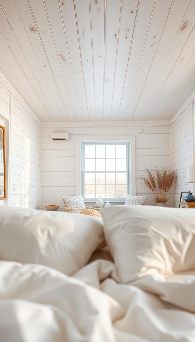 A serene beach-style bedroom featuring a beautifully crafted shiplap wall, evoking a coastal retreat atmosphere. In the foreground, soft, plush bedding in light, breezy colors invites relaxation. The middle ground showcases a shiplap wall painted in a soft white hue, complemented by natural wood accents for warmth and charm. A ceiling lined with tongue-and-groove panels adds depth and character, enhancing the cozy feel. In the background, a large window allows soft, natural light to filter in, casting delicate shadows and illuminating the space. The overall mood is tranquil and inviting, perfectly reflecting a calming seaside aesthetic. Photorealistic and high definition, with warm, soft lighting to enhance the comforting atmosphere. A serene beach-style bedroom featuring a beautifully crafted shiplap wall, evoking a coastal retreat atmosphere. In the foreground, soft, plush bedding in light, breezy colors invites relaxation. The middle ground showcases a shiplap wall painted in a soft white hue, complemented by natural wood accents for warmth and charm. A ceiling lined with tongue-and-groove panels adds depth and character, enhancing the cozy feel. In the background, a large window allows soft, natural light to filter in, casting delicate shadows and illuminating the space. The overall mood is tranquil and inviting, perfectly reflecting a calming seaside aesthetic. Photorealistic and high definition, with warm, soft lighting to enhance the comforting atmosphere.