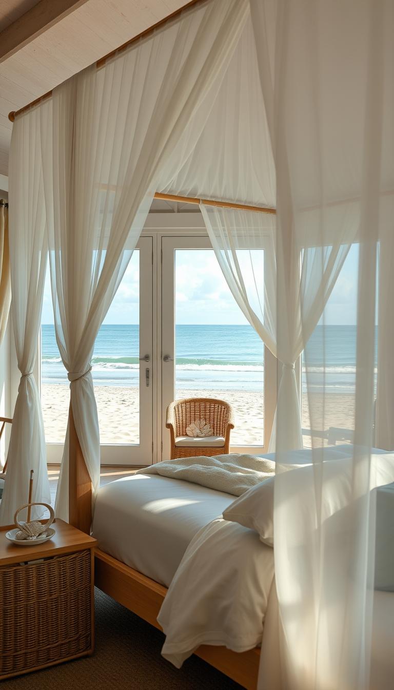 A serene beach-style bedroom featuring a luxurious canopy bed, draped with sheer, flowing white fabric that gently billows in a soft breeze. The bed is positioned prominently in the foreground, accentuated by cozy, light blue and sandy beige bedding that reflects coastal hues. Surrounding the bed, light wooden furniture adds warmth, including a woven wicker chair and a small nightstand with a decorative shell collection. In the middle ground, large windows open up to a view of a tranquil ocean, with soft natural light pouring into the room, creating a calm atmosphere. The background showcases a sandy beach scene with gentle waves and soft clouds, evoking a relaxing coastal retreat. The image should be captured in high definition, emphasizing textures and colors while maintaining a tranquil, inviting mood. A serene beach-style bedroom featuring a luxurious canopy bed, draped with sheer, flowing white fabric that gently billows in a soft breeze. The bed is positioned prominently in the foreground, accentuated by cozy, light blue and sandy beige bedding that reflects coastal hues. Surrounding the bed, light wooden furniture adds warmth, including a woven wicker chair and a small nightstand with a decorative shell collection. In the middle ground, large windows open up to a view of a tranquil ocean, with soft natural light pouring into the room, creating a calm atmosphere. The background showcases a sandy beach scene with gentle waves and soft clouds, evoking a relaxing coastal retreat. The image should be captured in high definition, emphasizing textures and colors while maintaining a tranquil, inviting mood.