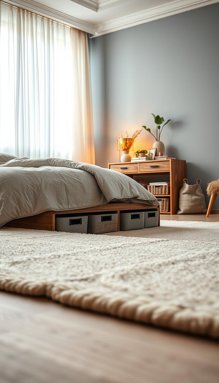A serene bedroom featuring innovative under-bed storage solutions, showcasing wooden drawers and stylish fabric bins peeking out from beneath a neatly made bed. In the foreground, a cozy rug with gentle textures adds warmth, while neutral-toned bedding creates a calming atmosphere. The middle ground highlights an organized bedside table with a lamp casting soft, warm light, and decorative plants enhancing the space's freshness. In the background, soft, natural light filters through sheer curtains, illuminating a tranquil color palette of muted blues and grays on the walls. The overall mood is peaceful and uncluttered, inviting relaxation and showcasing clever use of space. The composition should be captured from a low angle, emphasizing the under-bed storage while maintaining a clean and organized aesthetic, ideal for inspiring calm, clutter-free bedrooms.