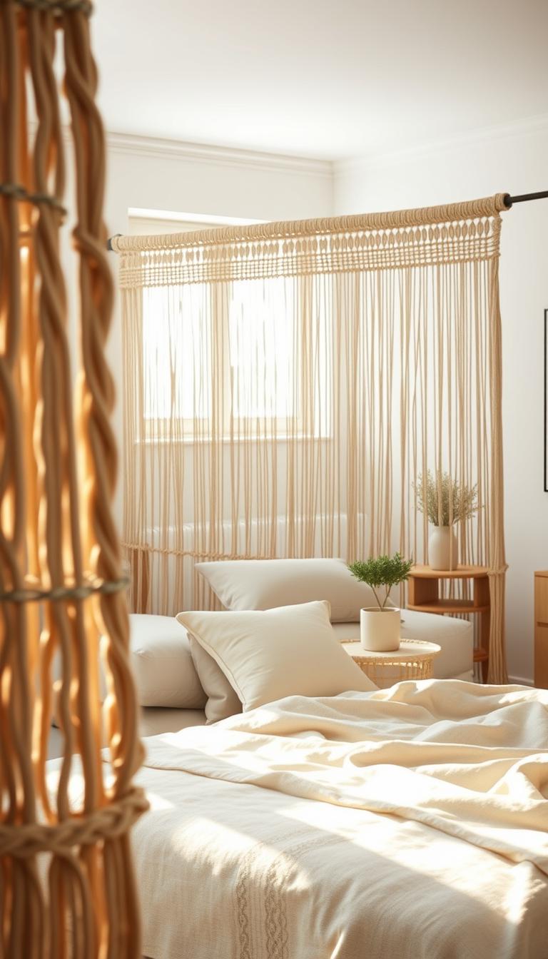 A serene bedroom scene featuring a textured screen as a divider, crafted from intertwined macramé threads and soft linen, creating an organic, warm atmosphere. In the foreground, the intricate details of the macramé weave are highlighted, with soft natural light filtering through, casting gentle shadows. In the middle ground, the screen separates a cozy bed adorned with plush, neutral-toned pillows, and a small wooden nightstand with a delicately arranged plant. The background features soft pastel walls and an airy window allowing gentle light to illuminate the space. The overall mood conveys tranquility and comfort, inviting relaxation, in a photorealistic style with high definition, emphasizing textures and warm tones.