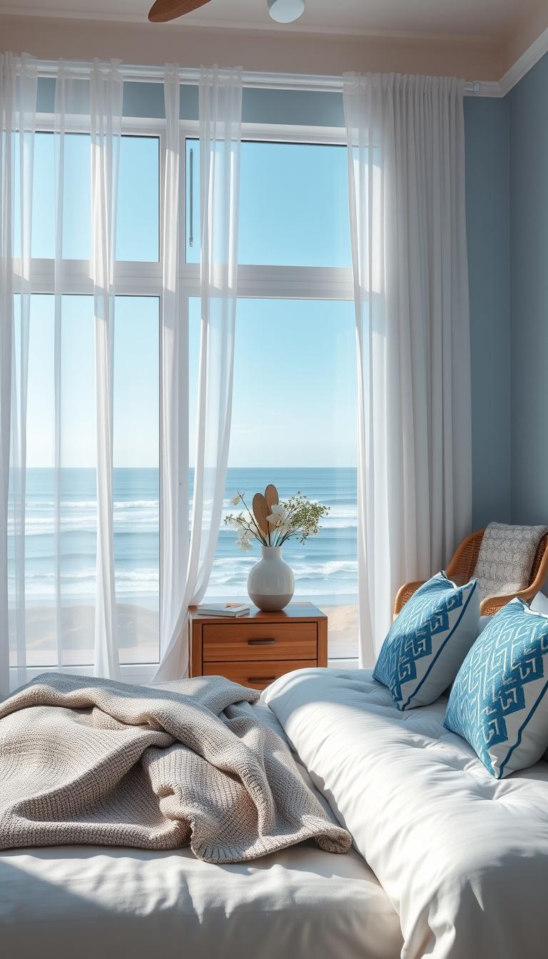 A serene coastal bedroom featuring a harmonious blend of blue and white hues. In the foreground, a plush, inviting bed dressed in crisp white linens and patterned blue throw pillows is centered against a large window. Soft light filters through sheer curtains, casting a gentle glow that enhances the tranquil atmosphere. The middle ground showcases a stylish wooden nightstand with a minimalist vase holding fresh white flowers. To the side, a cozy reading nook with a rattan armchair and a soft knit blanket invites relaxation. In the background, a breathtaking seascape is visible through the window, with waves gently lapping the shore under a clear blue sky. The overall mood is calming and inviting, perfect for a peaceful retreat. Photorealistic, high definition, shot with a wide-angle lens to capture the full essence of coastal living. A serene coastal bedroom featuring a harmonious blend of blue and white hues. In the foreground, a plush, inviting bed dressed in crisp white linens and patterned blue throw pillows is centered against a large window. Soft light filters through sheer curtains, casting a gentle glow that enhances the tranquil atmosphere. The middle ground showcases a stylish wooden nightstand with a minimalist vase holding fresh white flowers. To the side, a cozy reading nook with a rattan armchair and a soft knit blanket invites relaxation. In the background, a breathtaking seascape is visible through the window, with waves gently lapping the shore under a clear blue sky. The overall mood is calming and inviting, perfect for a peaceful retreat. Photorealistic, high definition, shot with a wide-angle lens to capture the full essence of coastal living.