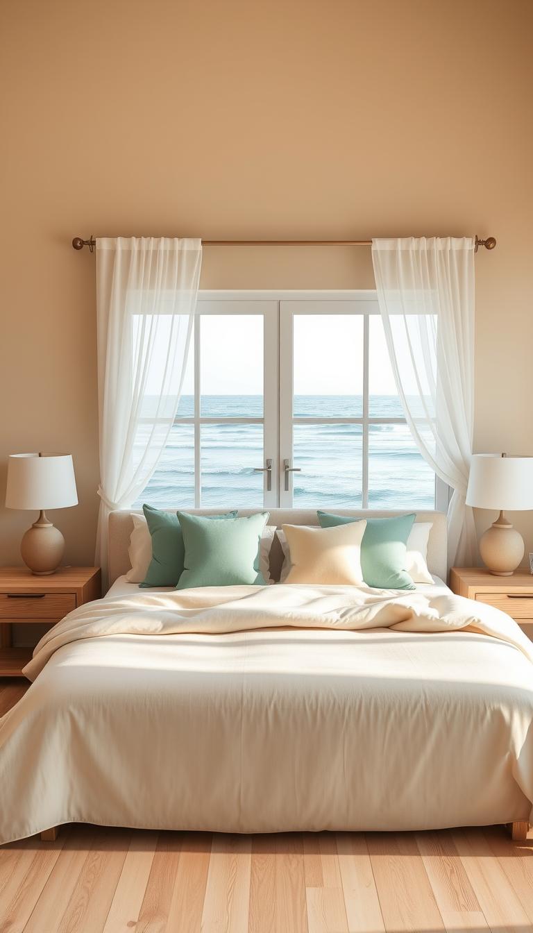A serene coastal bedroom interior, featuring a soft, sandy beige wall color that evokes the feel of a beach. In the foreground, a plush, cream-colored bed is adorned with seafoam green and pastel sunset-colored pillows, inviting relaxation. Flanking the bed are bedside tables made of light driftwood, with minimalist lamps casting a warm, gentle glow. The middle ground includes a window showcasing a breathtaking view of the ocean, its waves softly crashing against the shore, with sheer white curtains fluttering in the breeze. The background features light-colored wooden flooring that complements the natural palette. The overall atmosphere is calm and refreshing, with natural light illuminating the space, evoking a peaceful retreat by the sea. Photorealistic detail, sharp focus, captured from a slightly angled perspective. A serene coastal bedroom interior, featuring a soft, sandy beige wall color that evokes the feel of a beach. In the foreground, a plush, cream-colored bed is adorned with seafoam green and pastel sunset-colored pillows, inviting relaxation. Flanking the bed are bedside tables made of light driftwood, with minimalist lamps casting a warm, gentle glow. The middle ground includes a window showcasing a breathtaking view of the ocean, its waves softly crashing against the shore, with sheer white curtains fluttering in the breeze. The background features light-colored wooden flooring that complements the natural palette. The overall atmosphere is calm and refreshing, with natural light illuminating the space, evoking a peaceful retreat by the sea. Photorealistic detail, sharp focus, captured from a slightly angled perspective.